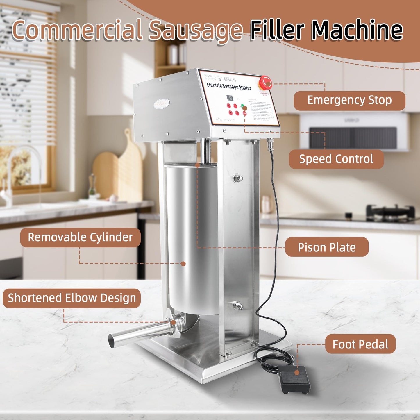 Hakka 30LB Electric Sausage Stuffer, Stainless Steel Electric Sausage Makers and Churro Makers Commercial Sausage Filling Machine with 5 Stuffing Tubes 4 Churros Making Parts