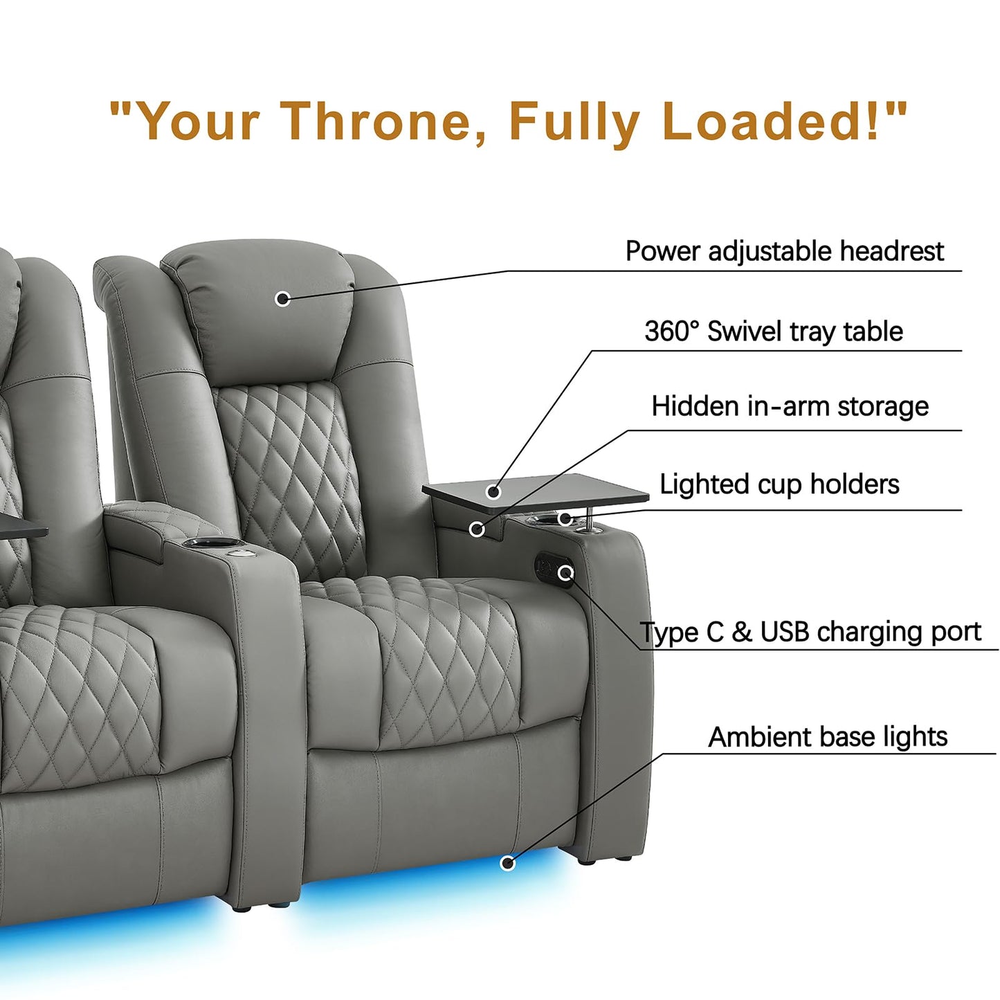 comfiroom Leather Home Theater Seating, Classic Series Dual Power Electric Headrest Game Seats Movie Theater Chairs Recliner Sofa with Type-C USB Charger (Grey, Row of 3)