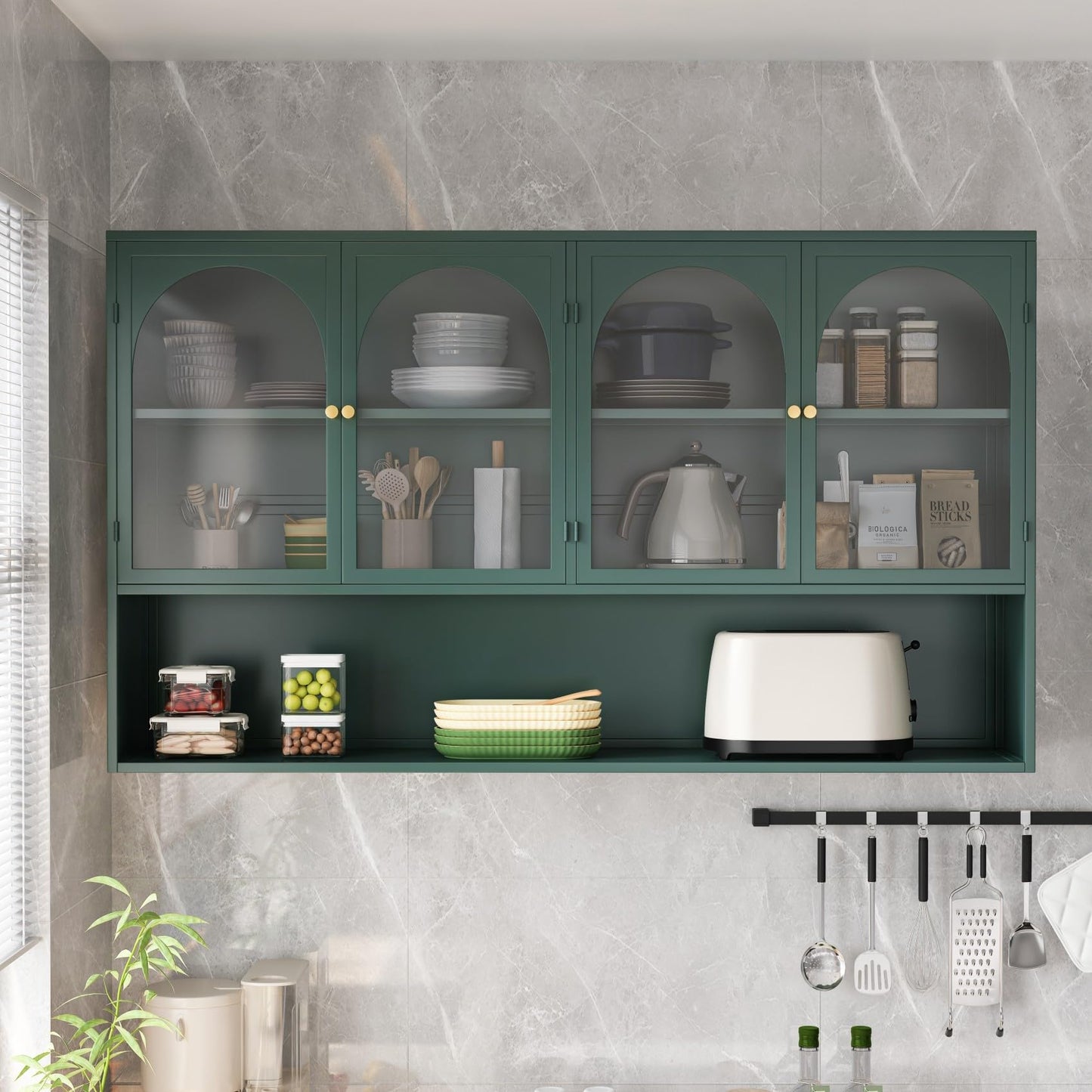 KEIKI 47" Wall Sideboard Buffet Storage Medicine Cabinet with 4 Glass Doors & Shelves, Modern Metal Credenza for Kitchen, Dining, Living Room, Coffee Bar, Entryway