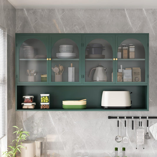 KEIKI 47" Wall Sideboard Buffet Storage Medicine Cabinet with 4 Glass Doors & Shelves, Modern Metal Credenza for Kitchen, Dining, Living Room, Coffee Bar, Entryway