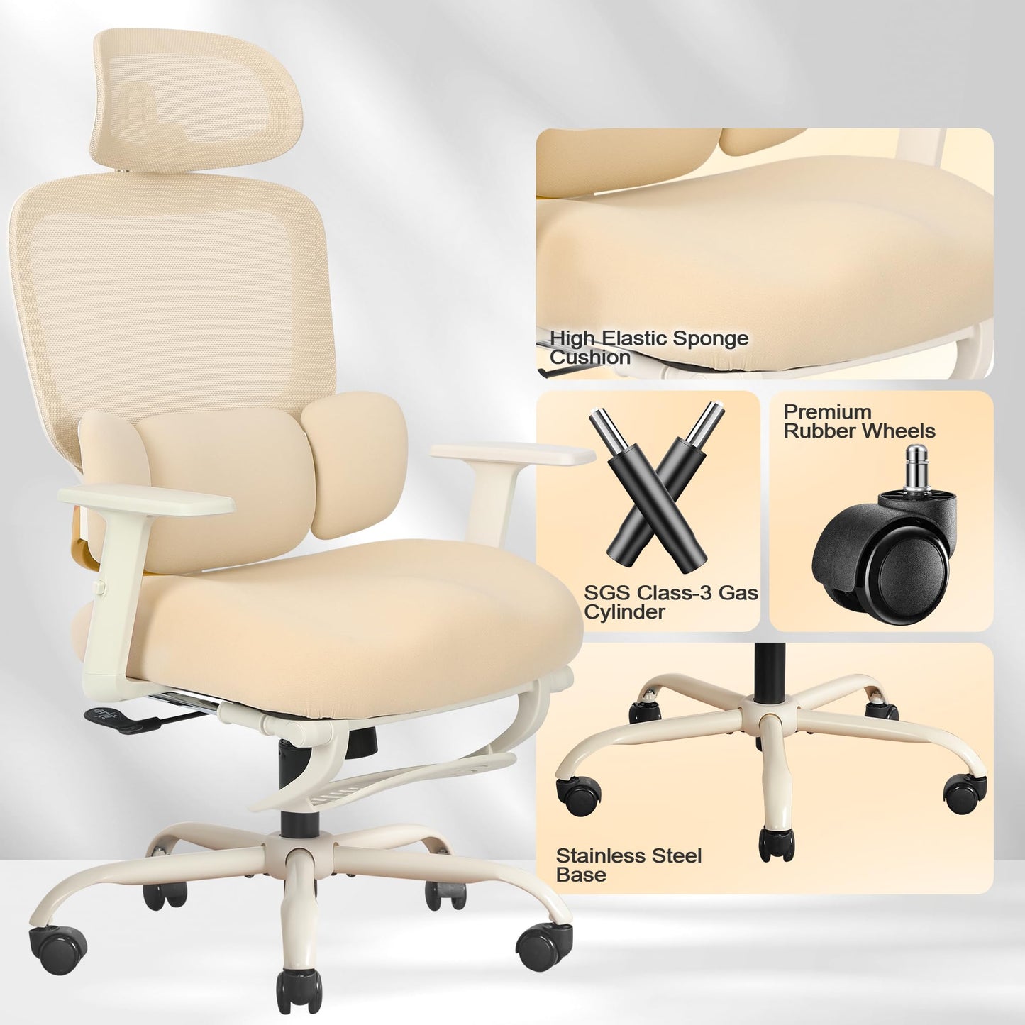 Ergonomic Office Chair with Footrest, Mesh Desk Chair with Adjustable Headrest & Armrests & Dynamic Floating Wing Lumbar Support, High Back Computer Chair for Home Office, BIFMA Certified, Beige