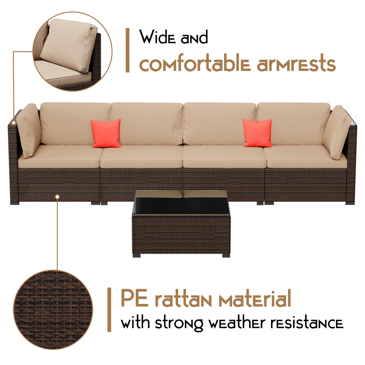 LHBcraft 7 Pieces Outdoor Furniture Set, Wicker Furniture Patio Conversation Sets with Tea Table and Thickened Beige Cushions, Outdoor Patio Sectional Sofa for Garden, Poolside, Backyard