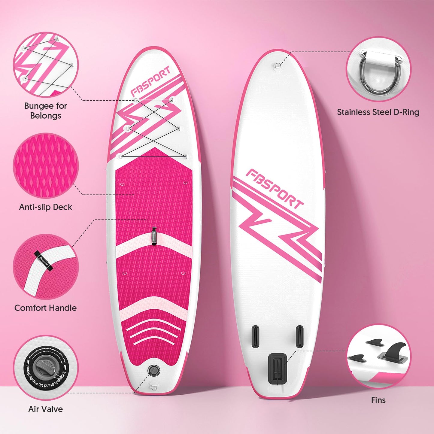 FBSPORT 11' Premium Stand Up Paddle Board, Yoga Board with SUP Accessories & Carry Bag | Wide Stance, Surf Control, Non-Slip Deck, Leash, Paddle and Pump for Youth & Adult (Pink)