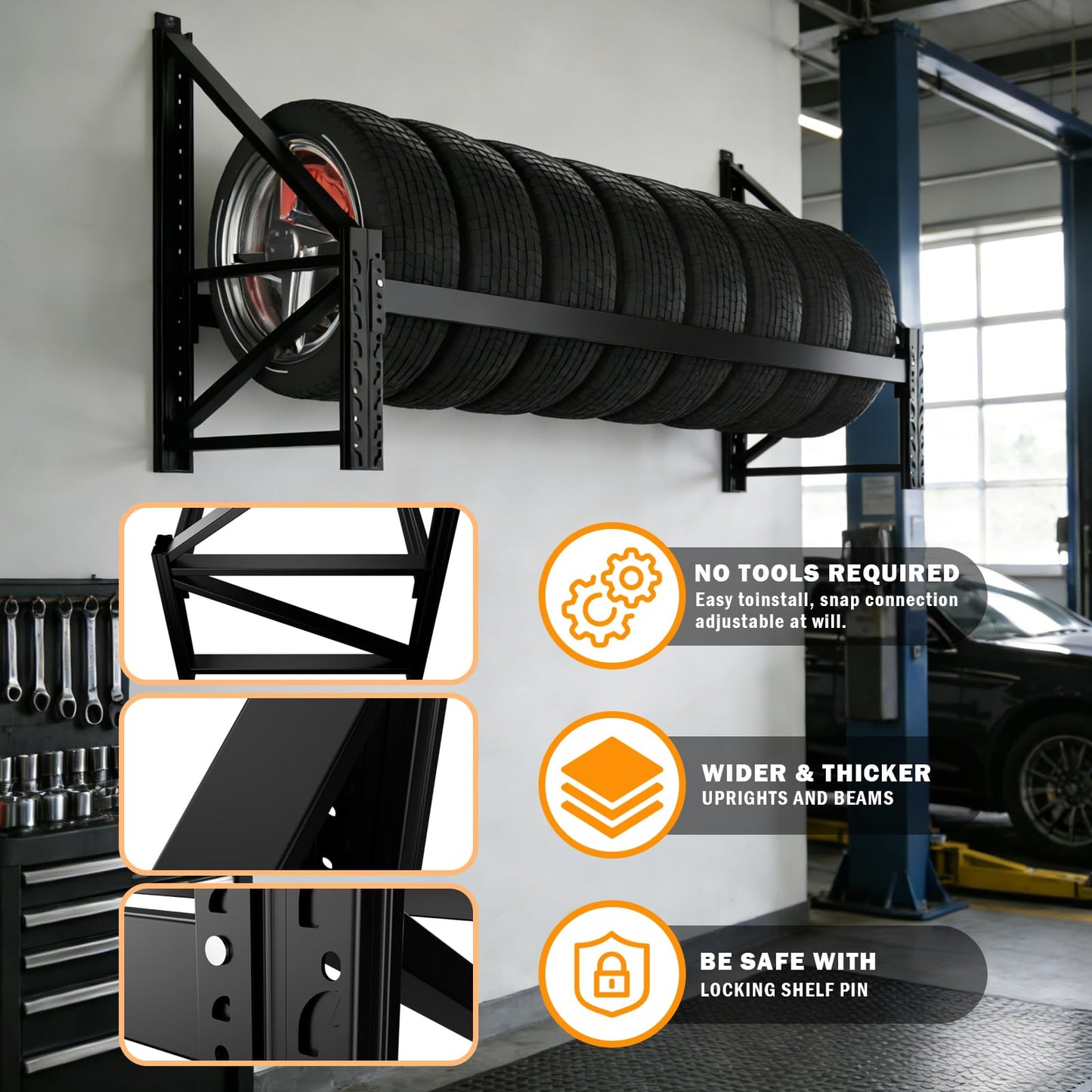 NULTRUMA Wall Mounted Heavy-Duty Tire Rack, 79"x31.5"x22.8" Large Capacity Tire Storage Shelf, 600lbs Max Load, Spare Tire Rack Powder Coated Steel for Garage, Workshop & Auto Repair Shop