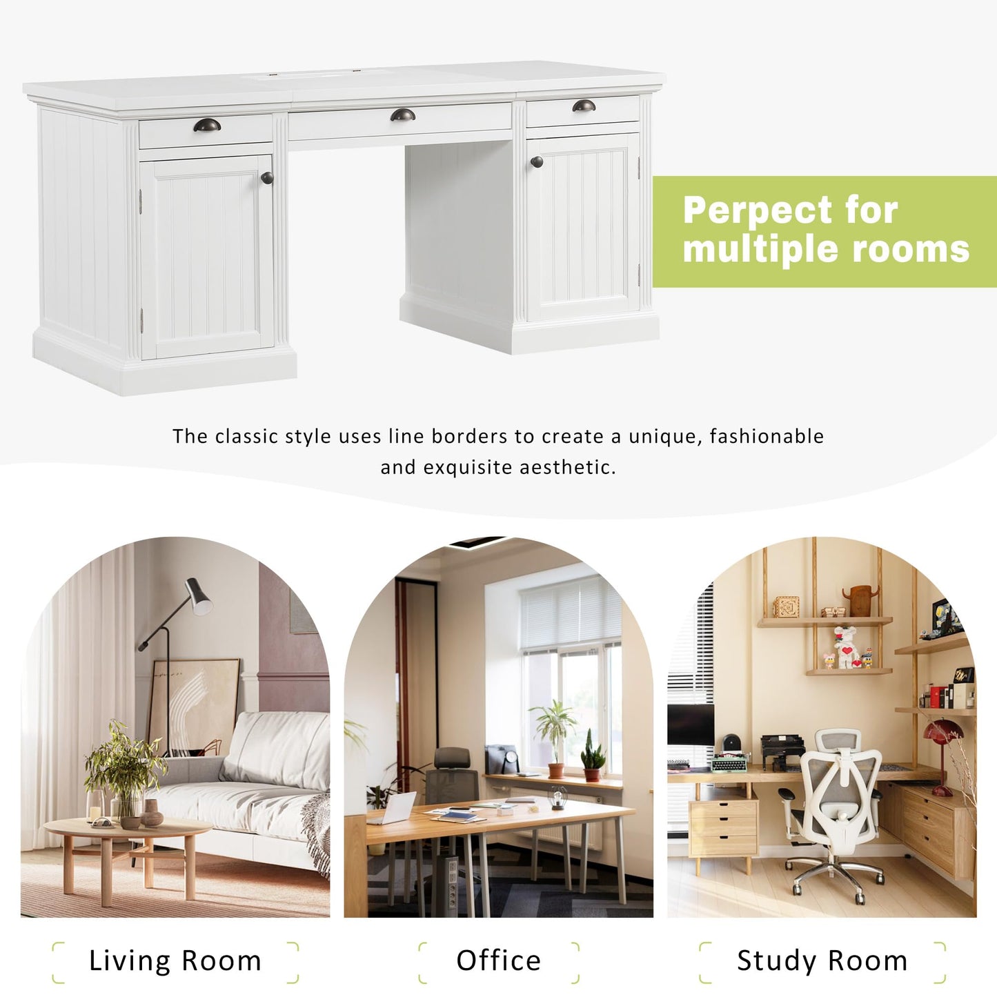 GDFStudio 67" Modern Executive Desk with Storage, White Computer Desk with 2 Doors Cabinet and 3 Drawers, Home Office Writing Desk with USB Ports and Power Outlets, Large Workstation for Study,Office