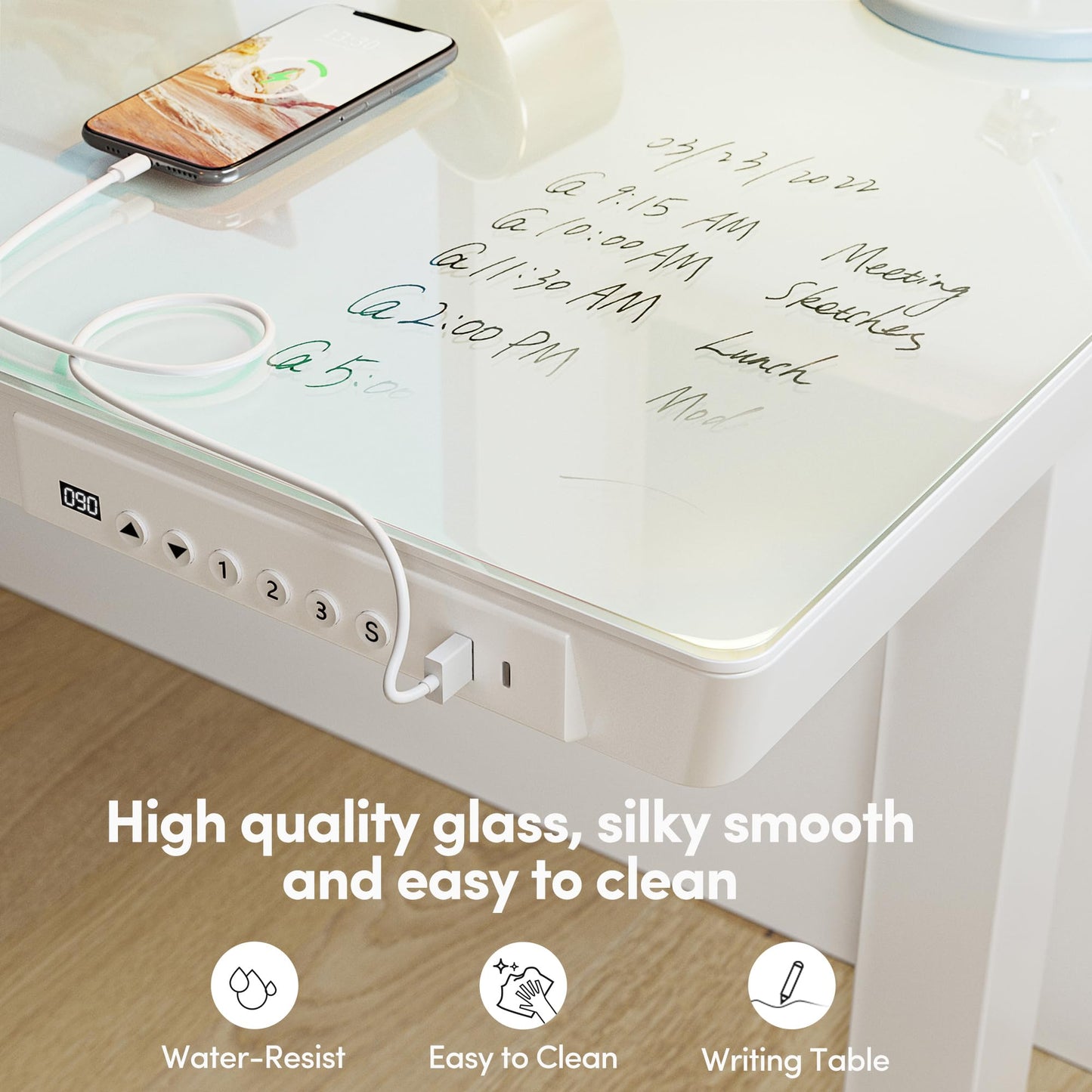 BANTI Electric Standing Desk with Drawers, 48 inch Whole-Piece Glass Desktop, Height Adjustable Stand up Sit Stand Home Office Ergonomic Workstation, White Tabletop