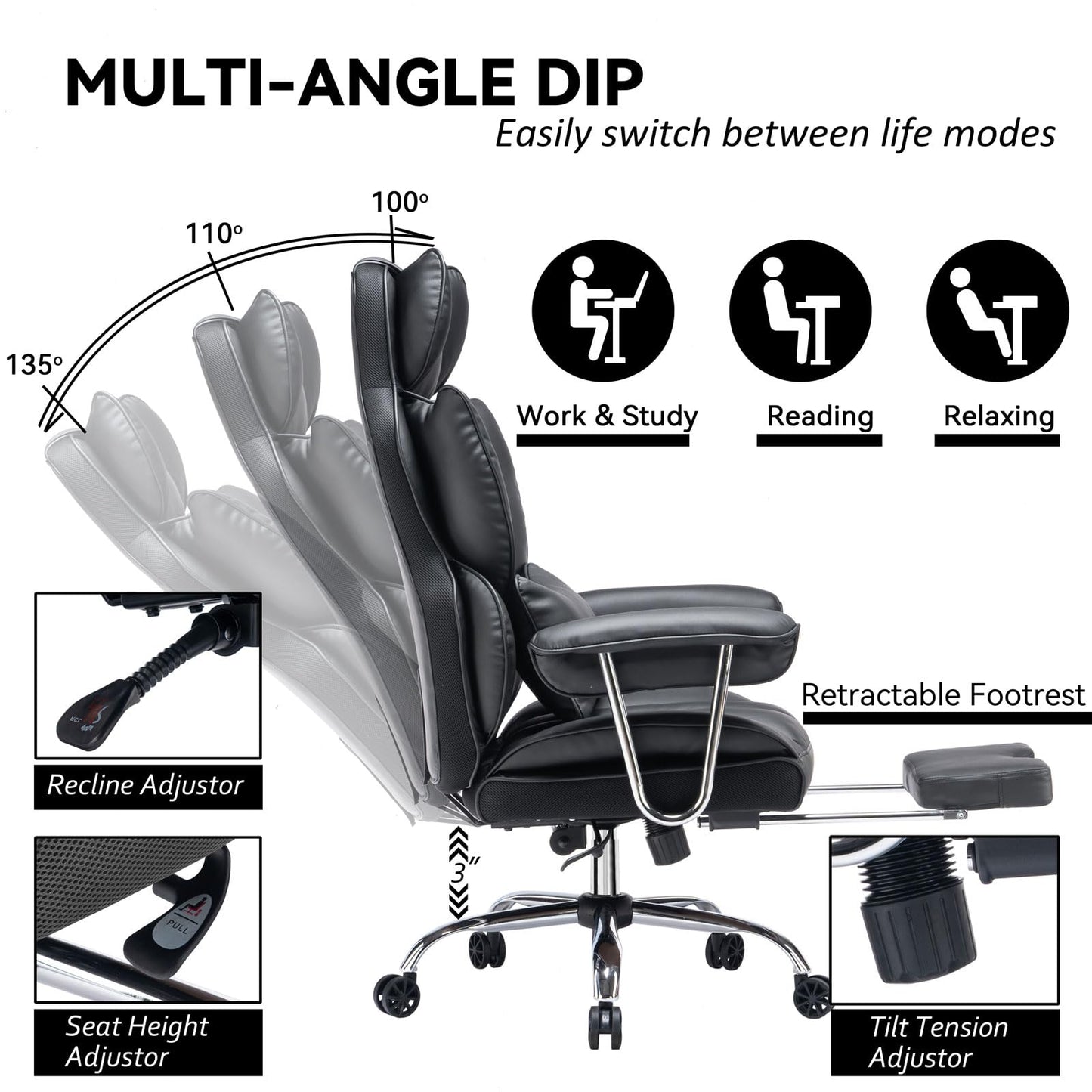 Efomao Big & Tall Office Chair with Footrest, High-Back Leather Executive Desk Chair with Lumbar Support and Padded Armrests, Black
