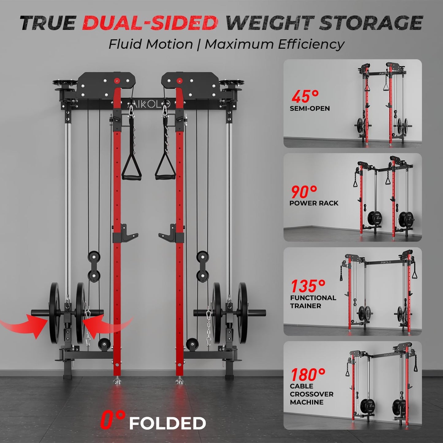 Mikolo Folding Squat Rack, Wall Mounted Power Rack with Cable Crossover Machine & LAT Pull Down, Functional Trainer with 5 Adjustable Function Modes, for Home Gym and Space Saving(Red)