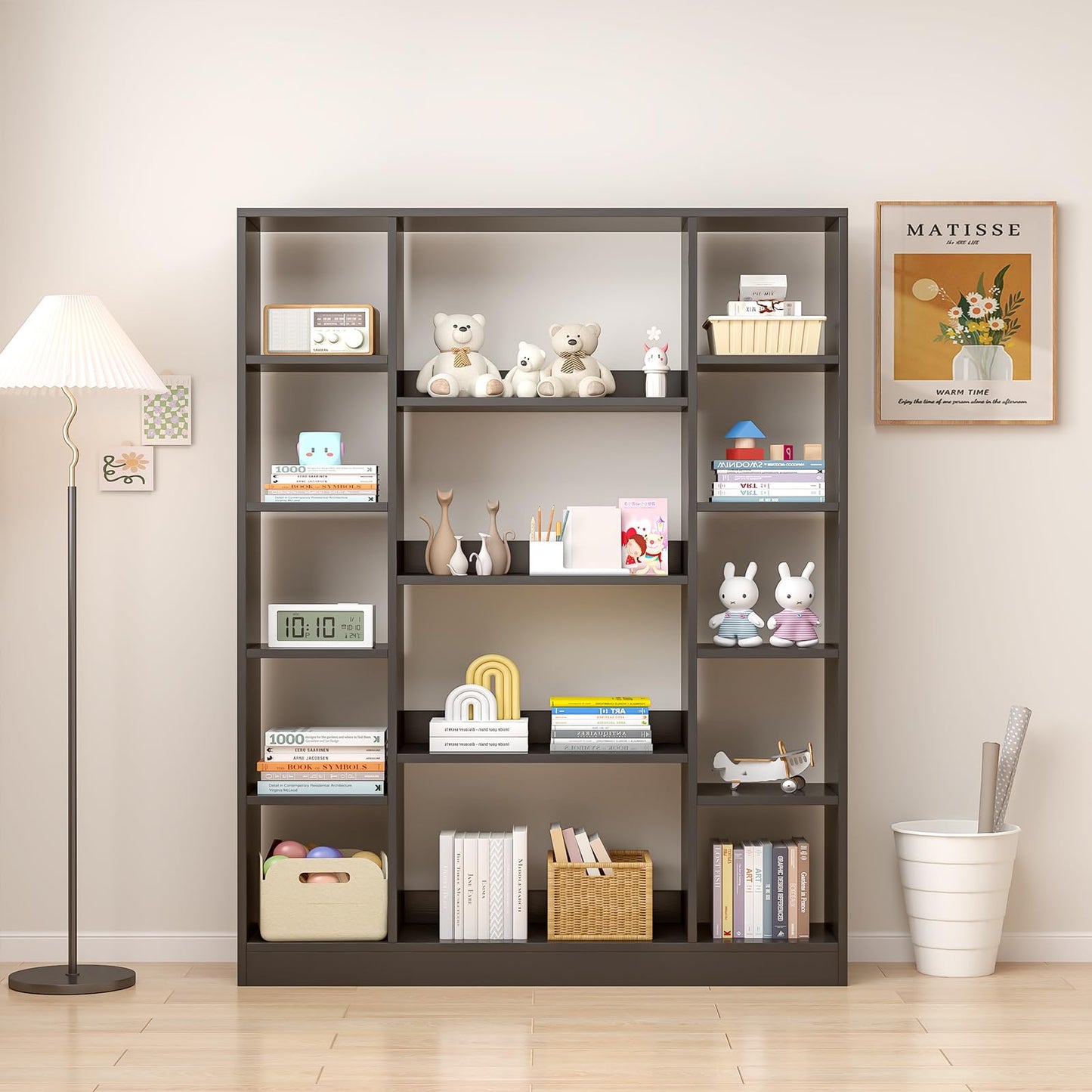 OSCHF Cube Storage Bookcase with Base - Large Wooden Bookshelf with 10 Open Cubes and 4 Shelves for Home and Office, Freestanding Organizer, Black