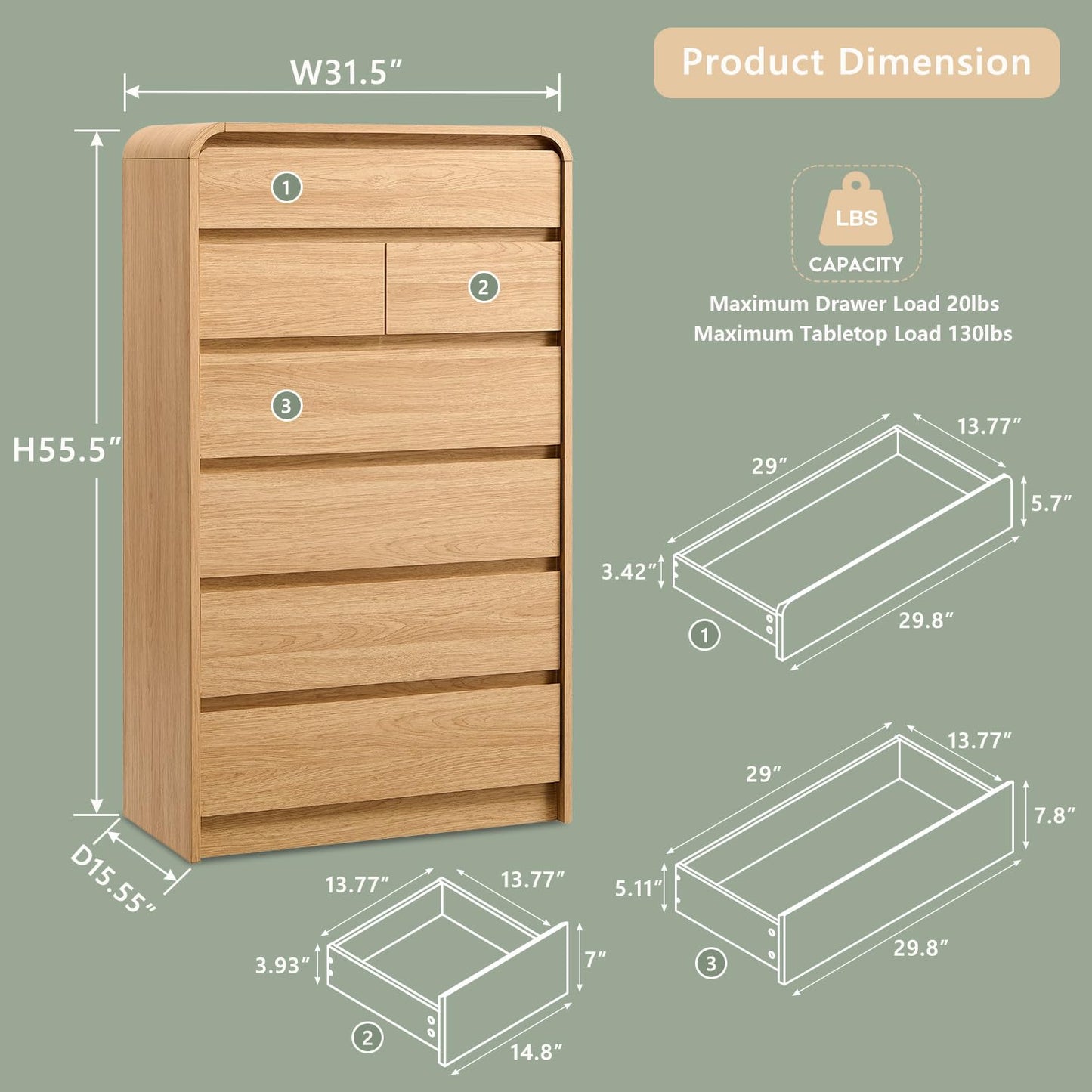 Aitjunz Modern 7 Drawers Dresser for Bedroom, 55" Tall Dressers & Chest of Drawers w/Curved Profile Design, Wood Mid Century Vertical Storage Dressers Organizer for Bedroom, Living Room, Natural Oak