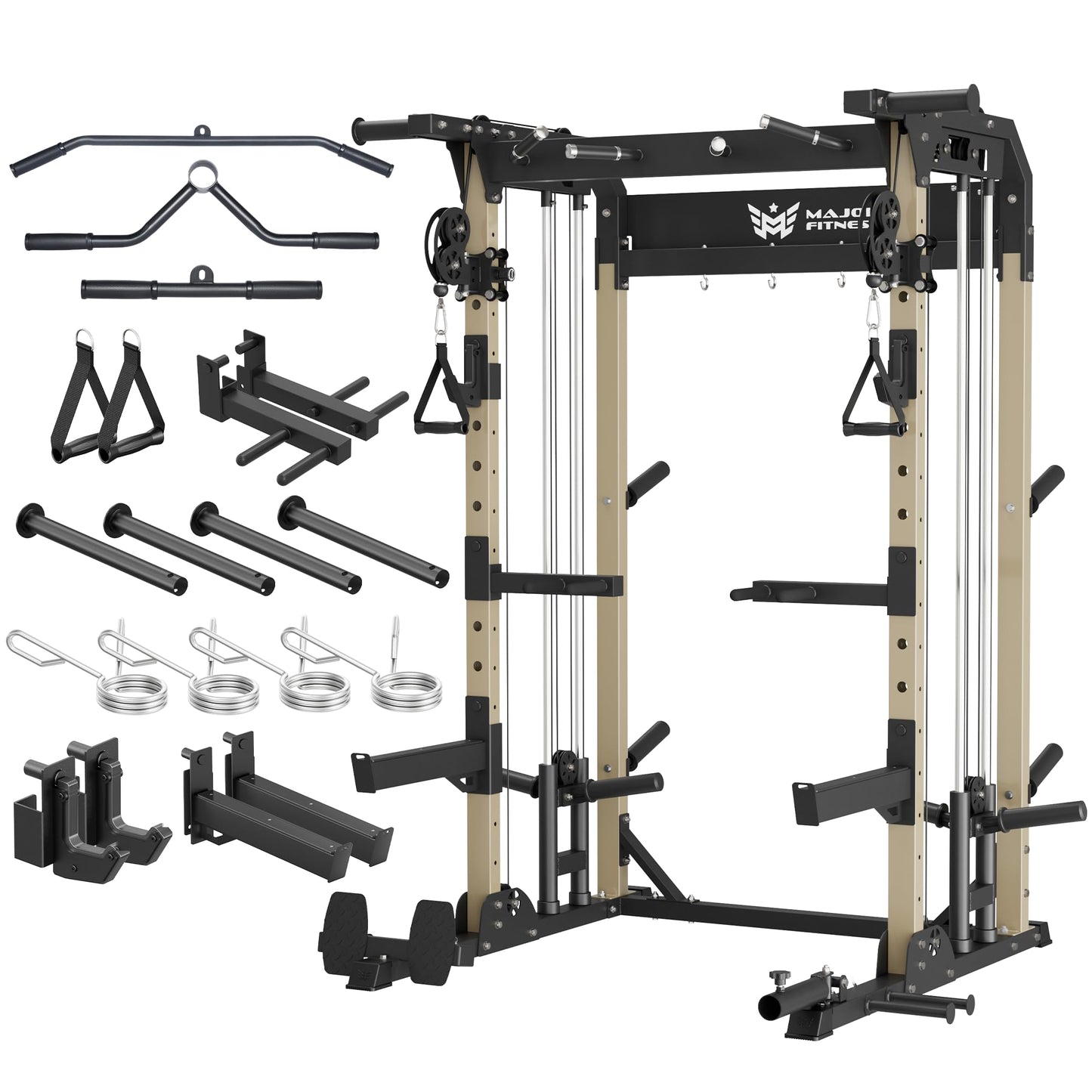 MAJOR FITNESS F22 Power Rack, 1600lbs All-in-One Squat Rack with Cable Crossover, Dual Pulley System, Heavy-Duty Steel Frame, Attachments & Storage for Home Gym Strength Training, Khaki