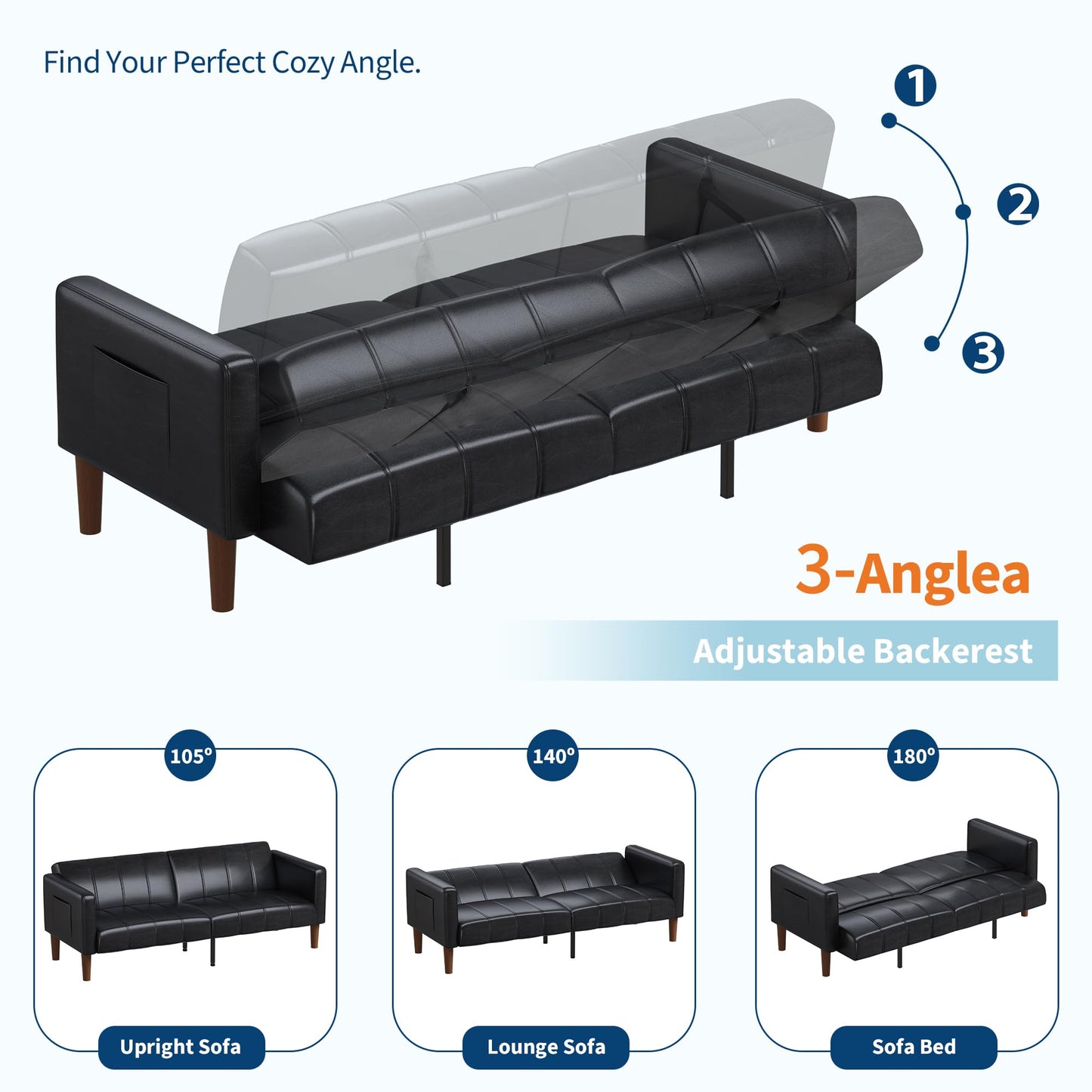 GarveeHome Futon Sofa Bed, 75-Inch Modern Faux Leather Convertible Couch, Mid-Century Loveseat for Small Space, Living Room, Bedroom, Black
