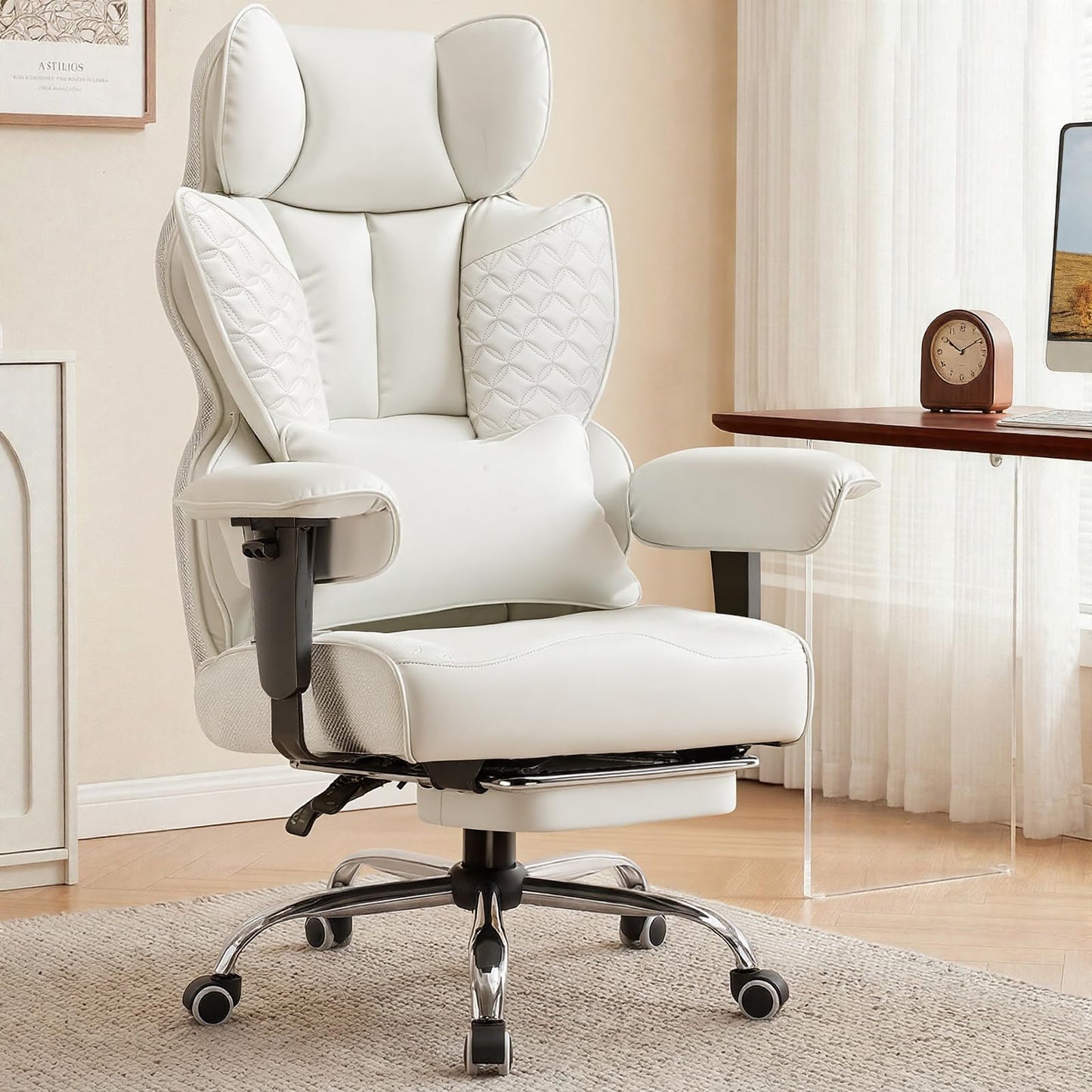 GTPOFFICE Big and Tall Office Chair 400LBS Wide Seat Computer Gaming Chair with Footrest & Comfy Lumbar Support, Leather High Back Executive Chair with Ergonomic Pressure Relief Seat Cushion, White