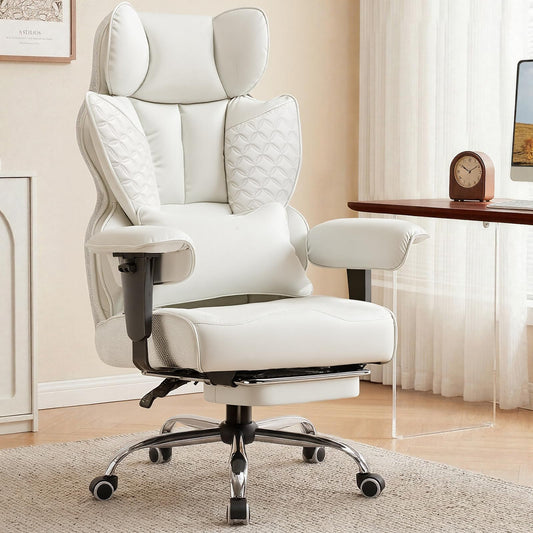 GTPOFFICE Big and Tall Office Chair 400LBS Wide Seat Computer Gaming Chair with Footrest & Comfy Lumbar Support, Leather High Back Executive Chair with Ergonomic Pressure Relief Seat Cushion, White