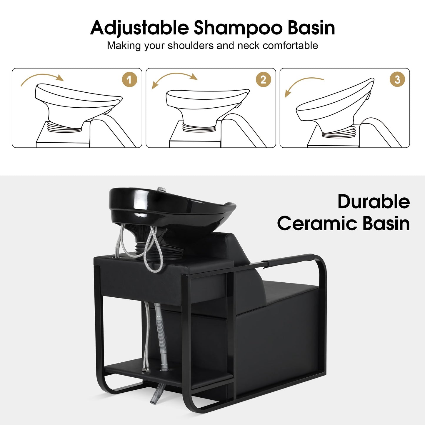 BarberPub Shampoo Bowl and Chair Set for Salon, Shampoo Backwash Station Chair for Hair Stylist, Ceramic Hair Wash Bowl Sink Unit Station for Salon Beauty Spa Equipment 9024