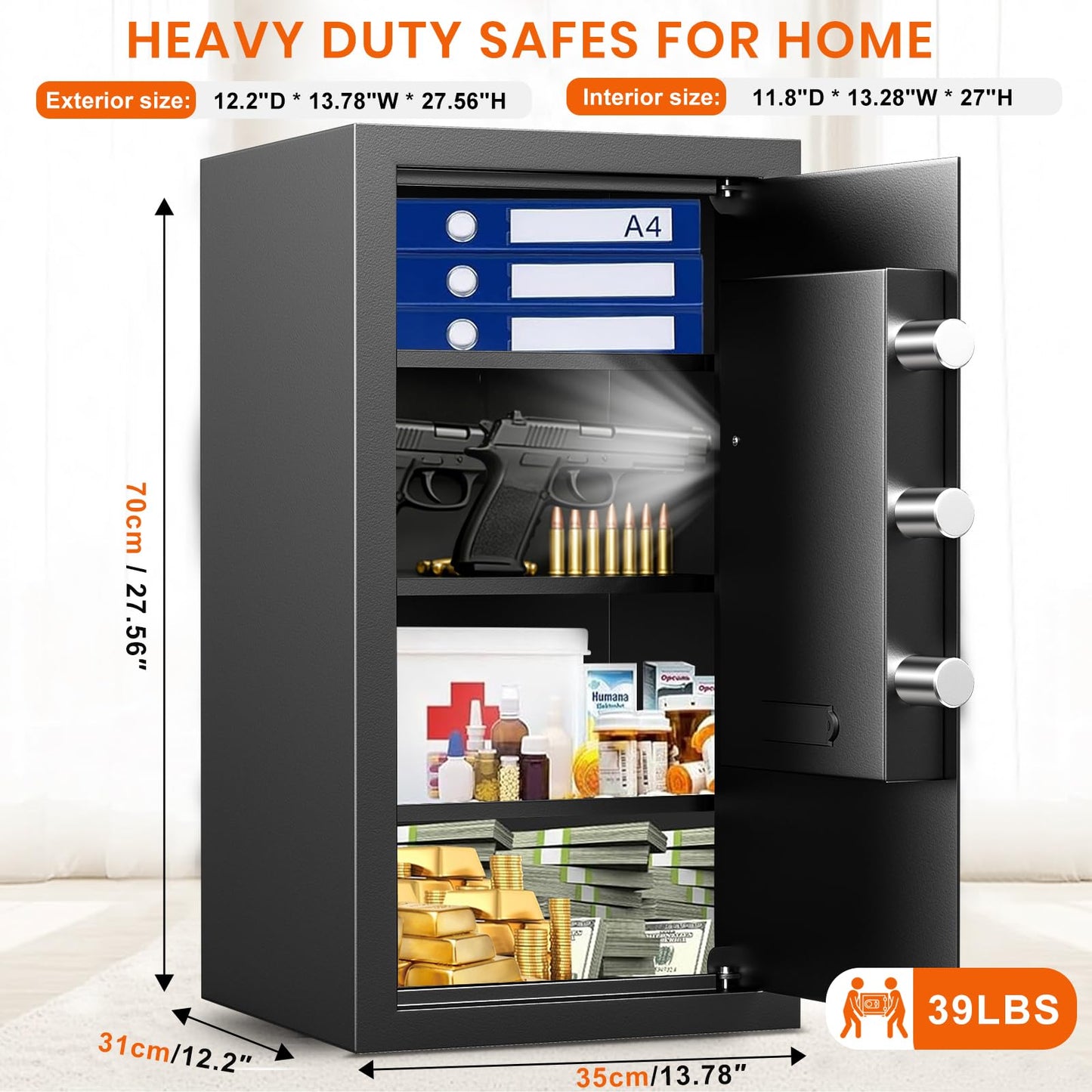 6.2 Cuft Large Home Safes Water and Fireproof with Digital Keypad & Key Lock, Fire Security Safe Box with 3 Removable Shelves, Fireproof Safes for Money Documents Jewelry, 27.56"H x13.78"W x 11.81"D