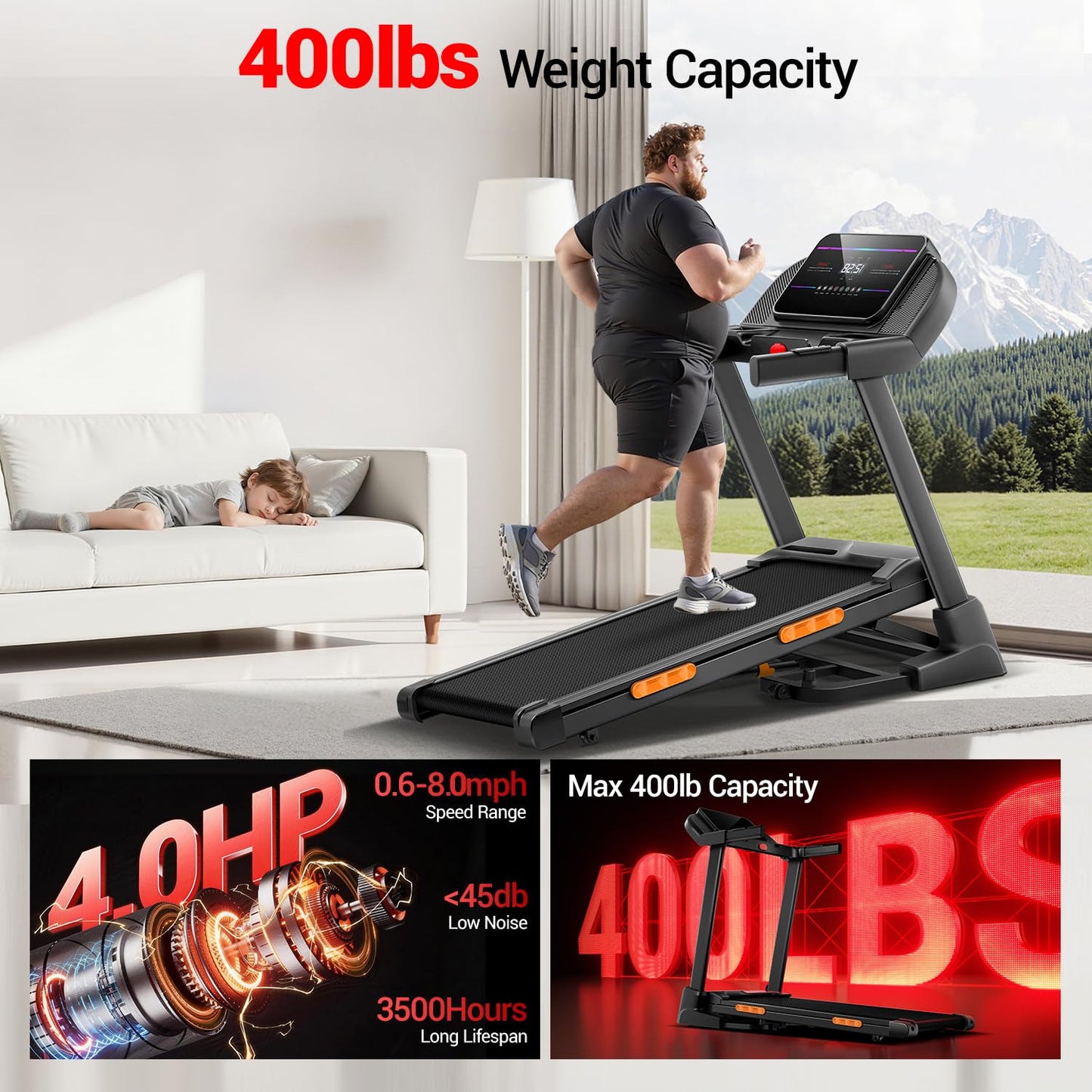 UMAY Fitness Treadmill with 20-Level 20% Auto Incline, Treadmills for Home Auto Folding with Pulse Sensors, 400 LBS Capacity, 4.0HP Quiet Brushless, Max 8.0 MPH