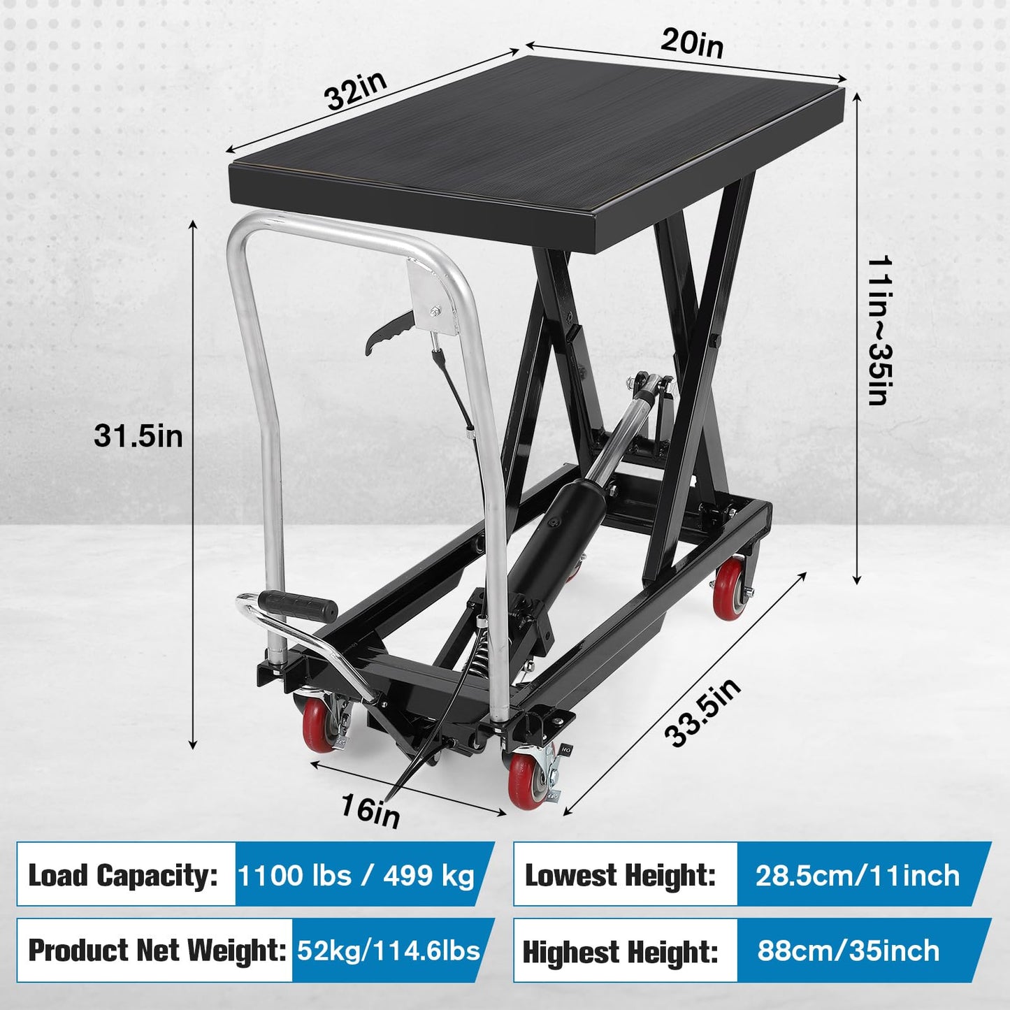 Garvee Hydraulic Lift Table Cart, 1100 LBS Capacity 32" Lifting Height Single Scissor Hydraulic Lift Table with 4 Wheels(2 with Brake) & Non-Slip Pad, for Material Handling & Transportation, Black