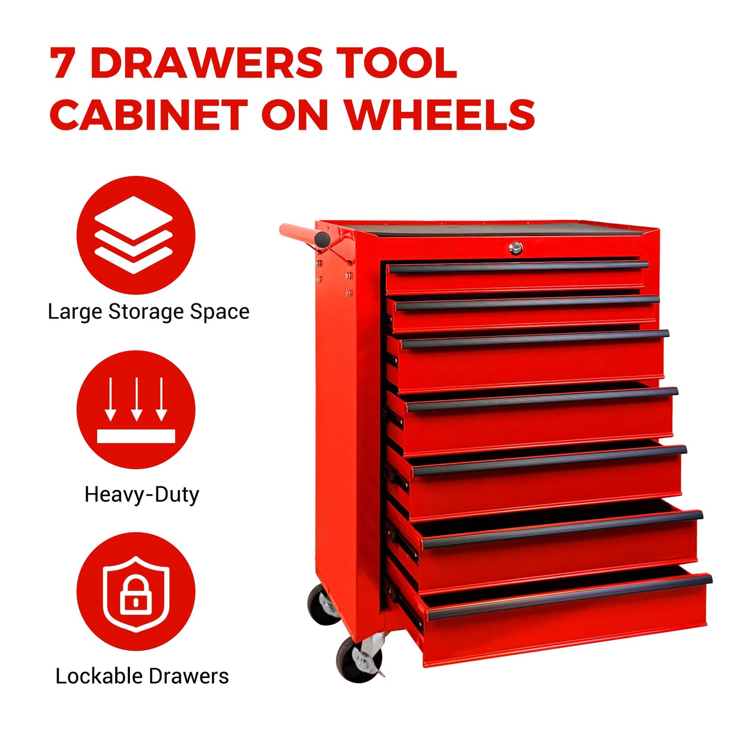 KEIKI 20 Inch Rolling Metal Tool Chest with 7 Drawers, Heavy Duty Steel Tool Cabinet on Wheels, Ball Bearing Slides Lockable Storage Cart Organizer for Garage Workshop Mechanic Repair, Red