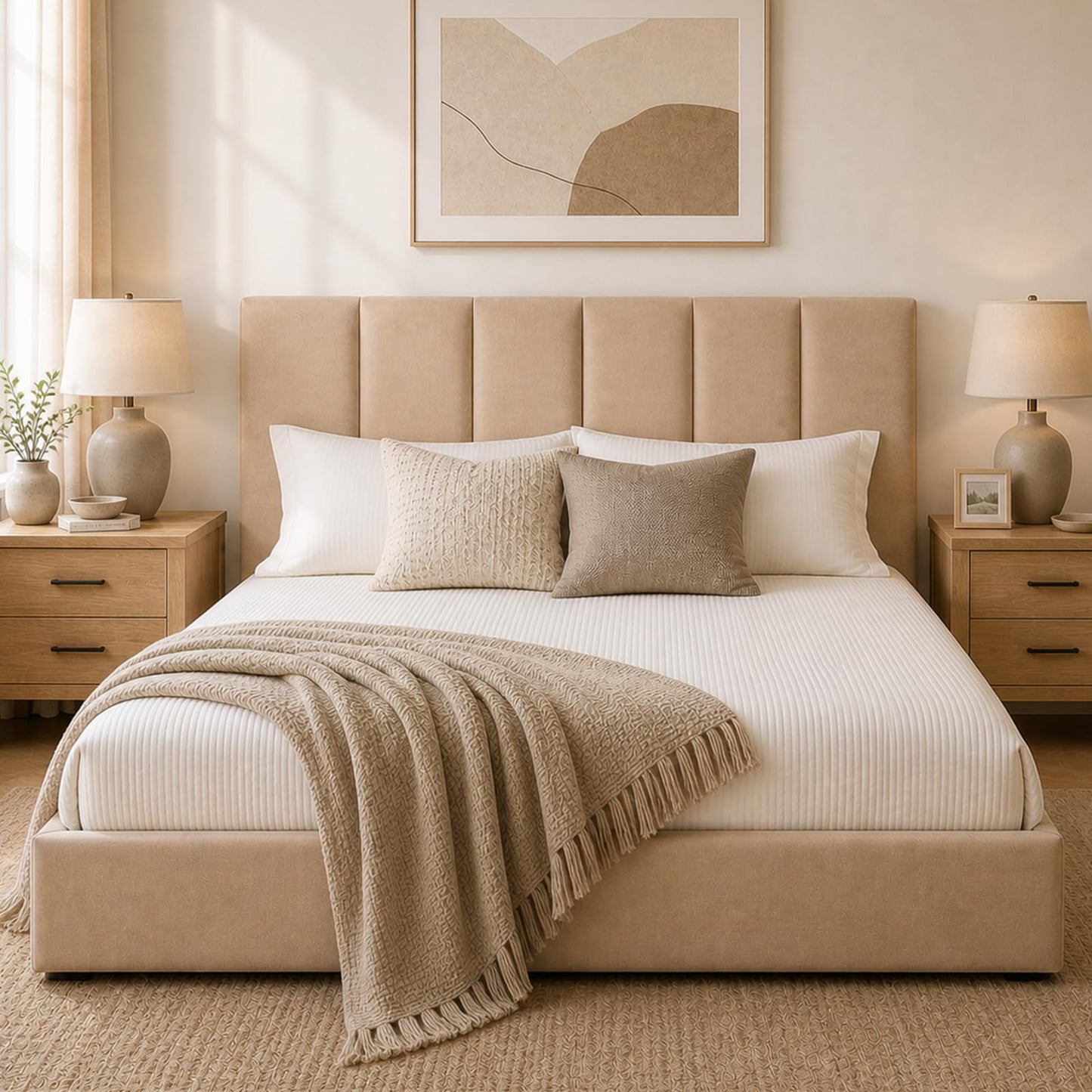 VELOCAVA King Size Upholstered Lift-Up Storage Bed, Beige Linen-Look Fabric Bed Frame with Vertical Panel Headboard, Hydraulic Lift Storage, Wooden Slat Support, No Box Spring Needed