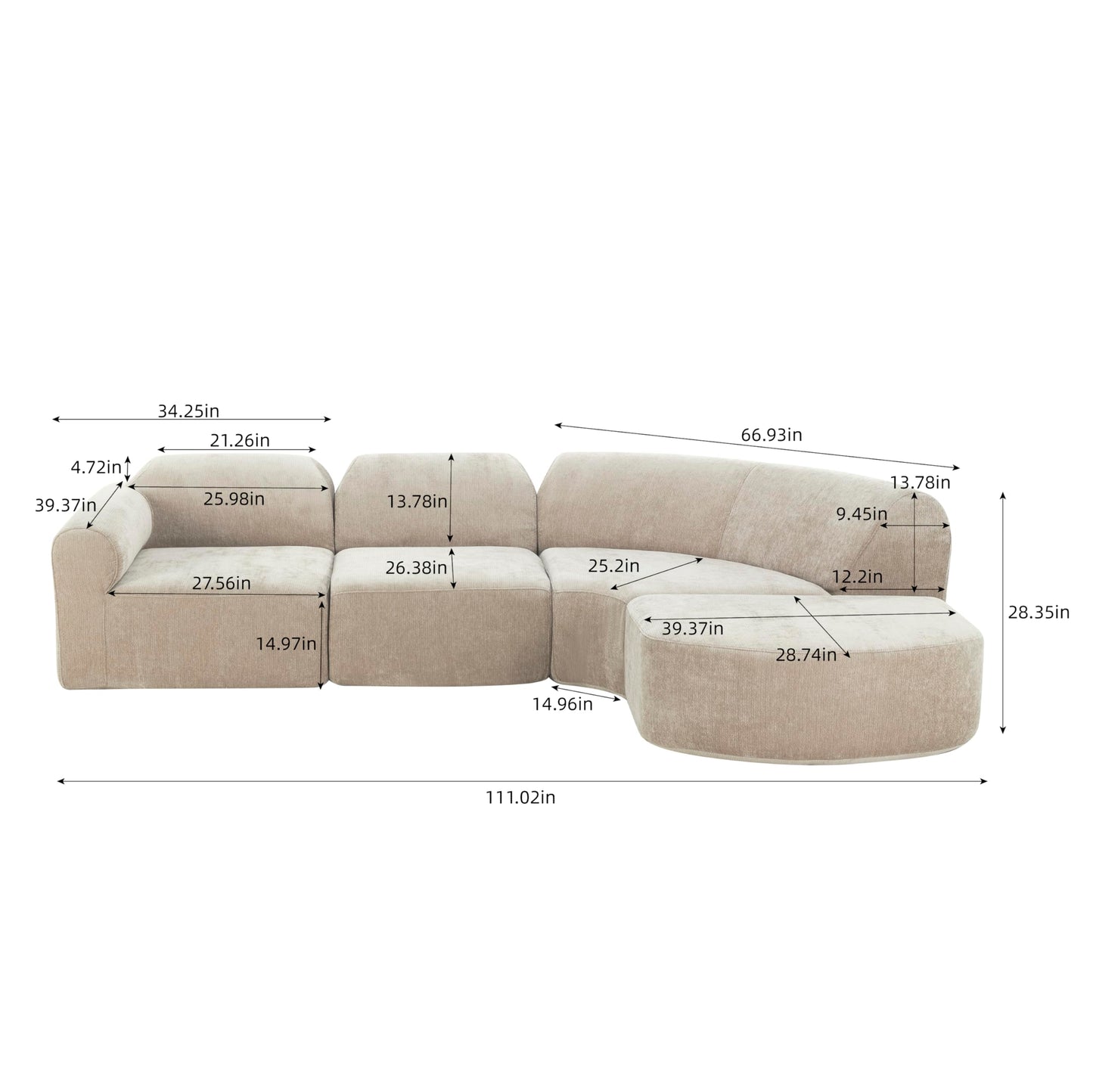 Christopher Knight Home Midel 111" Modular L-Shape Sofa Couch with Chaise Lounge, Modern Boneless Sofa for Living Room, Fabric Upholstered Cloud Couch with Deep Seat, Dark Beige