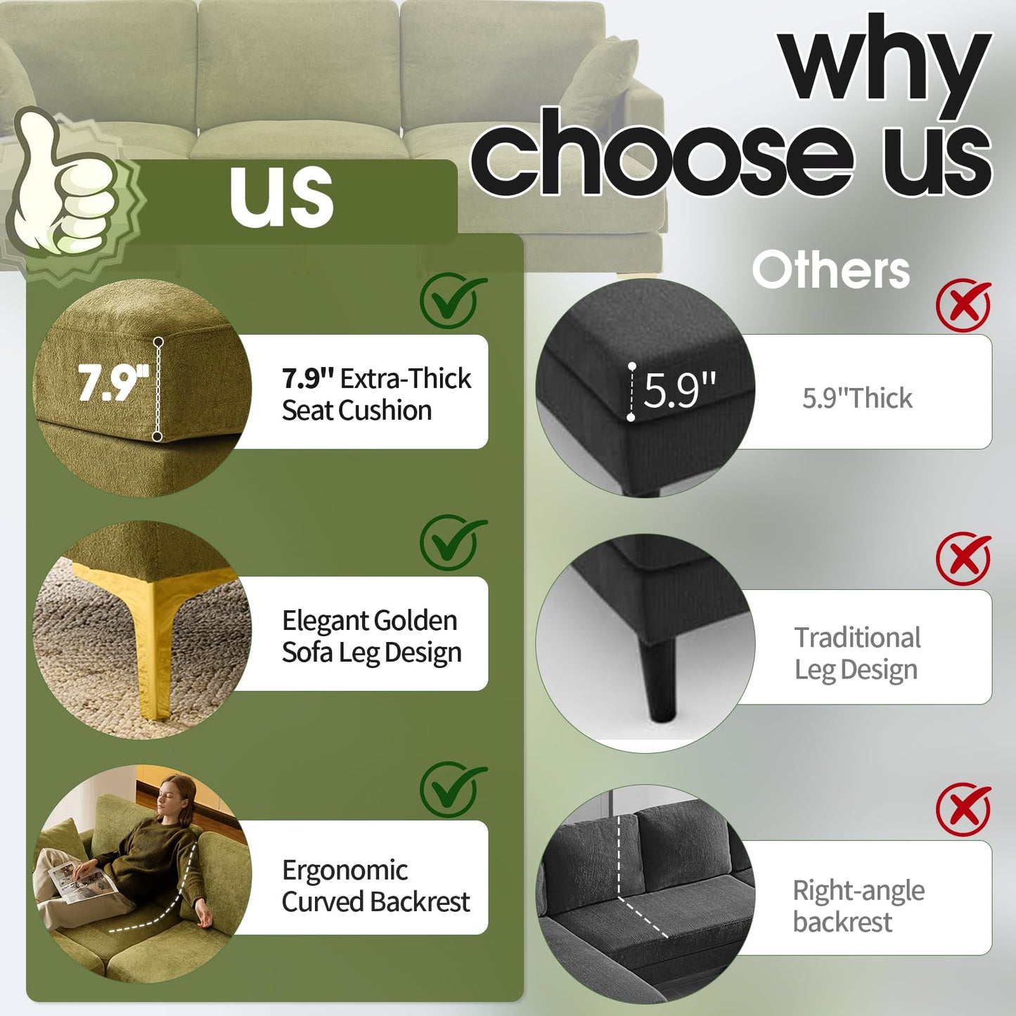 VINGLI 100" W U Shaped Couch with Ottoman, 22" Deep Seat Comfortable Sectional Couches for Living Room, 3 Seater Chenille Fabric Cloud Sofa for Apartment, Small Spaces, Bedroom, Green