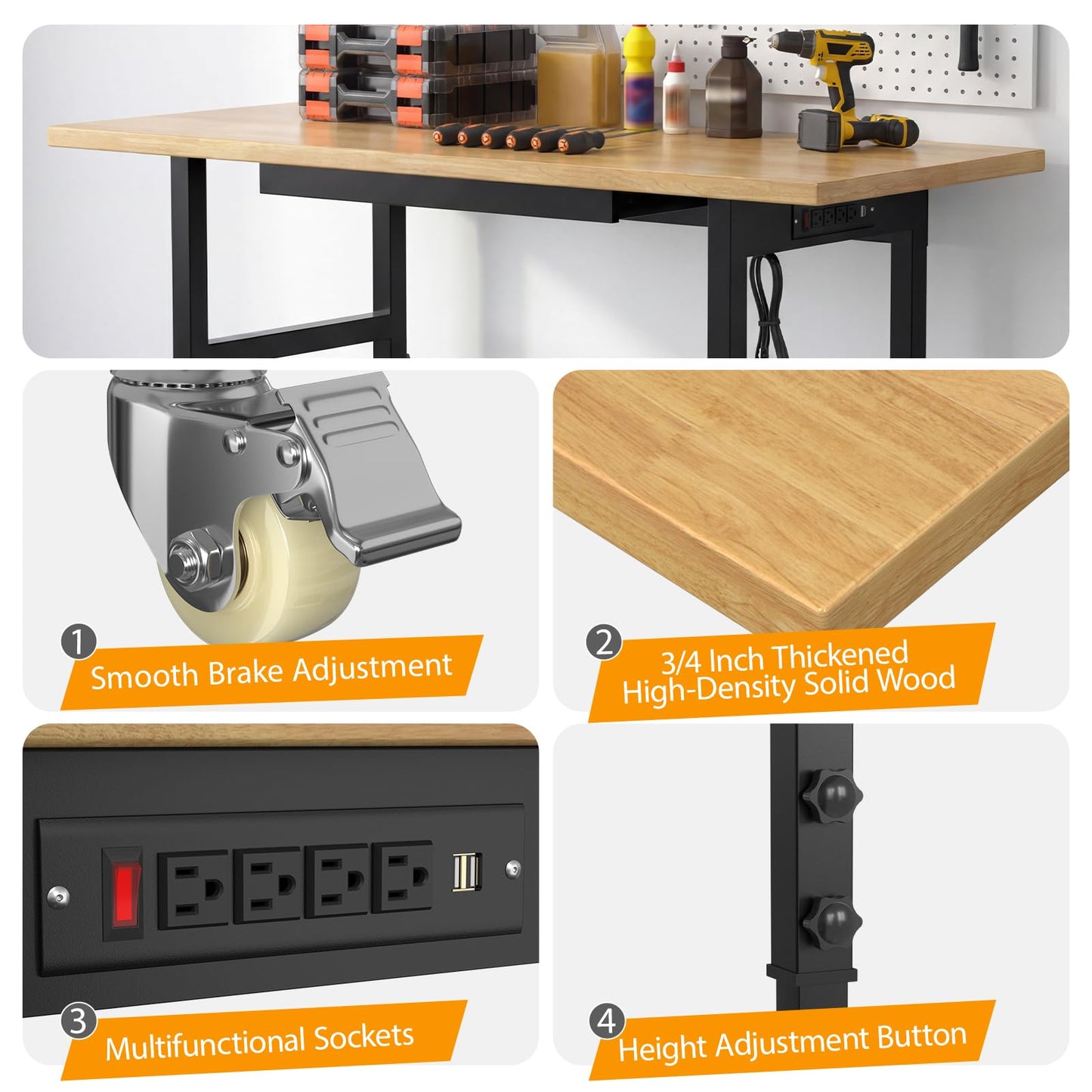 60" Adjustable Workbench,Heavy-Duty Work Table,3000 LBS Load Capacity Hardwood Workstation Outlets with Power Strips, Drawers and Wheels,for Workshop, Garage