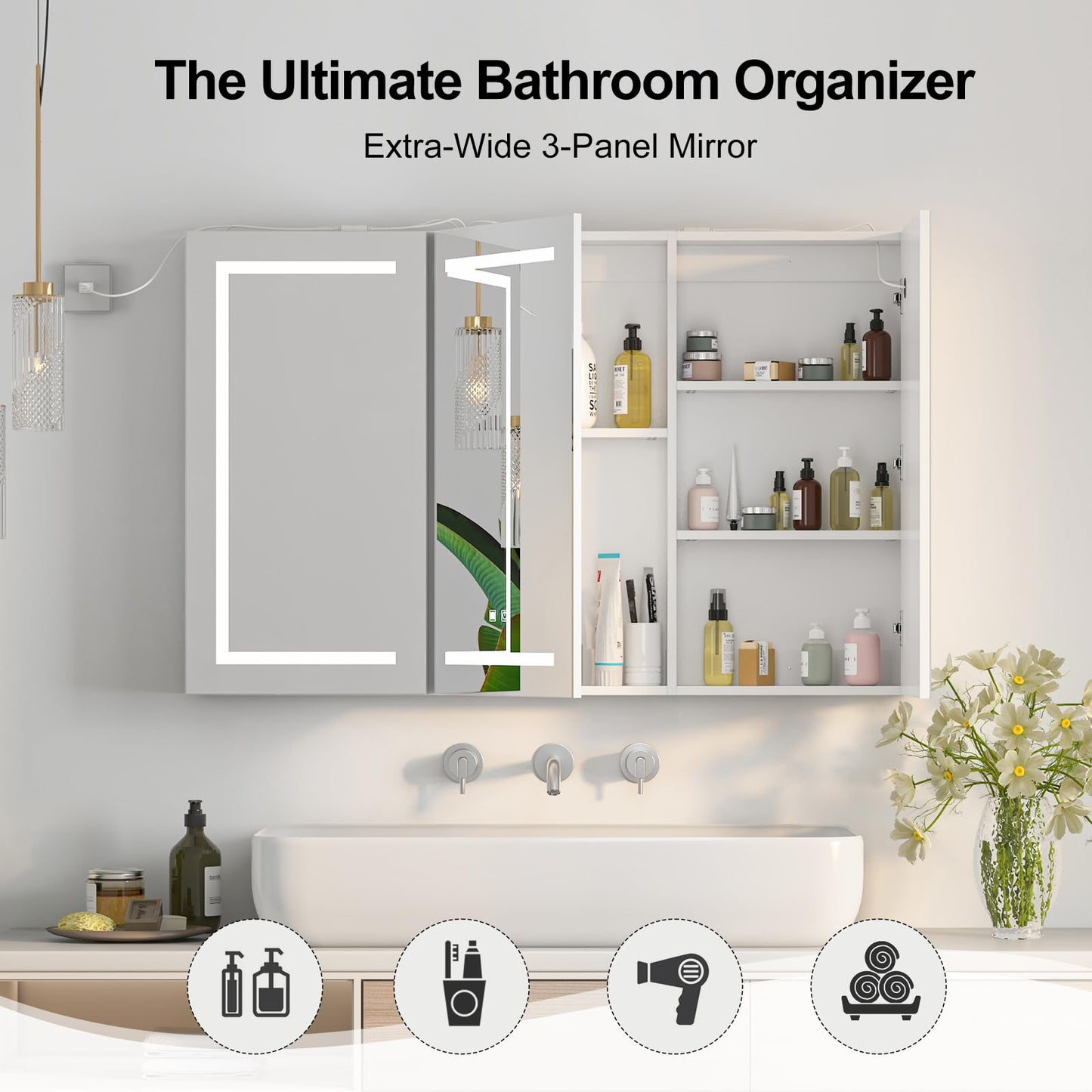 Large Medicine Cabinet, LED Lighted Medicine Cabinets with 3 Doors,Wall Mounted Bathroom Mirror with Storage,47inch,Defogger, Dimmable,Led Medicine Cabinet Mirror for Bathroom,47.2x 5.1x 30 In