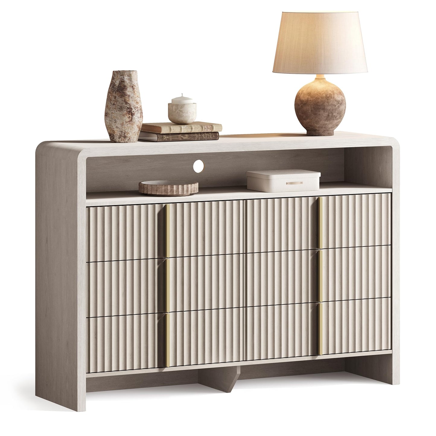 ModernMate 6 Drawer Dresser with Open Shelf, 53.2" Wide Fluted Dresser for Bedroom, Wood Chest of Drawers, Modern Storage Cabinet with Metal Handles, Anti-Tip Clothes Organizer, White Alder