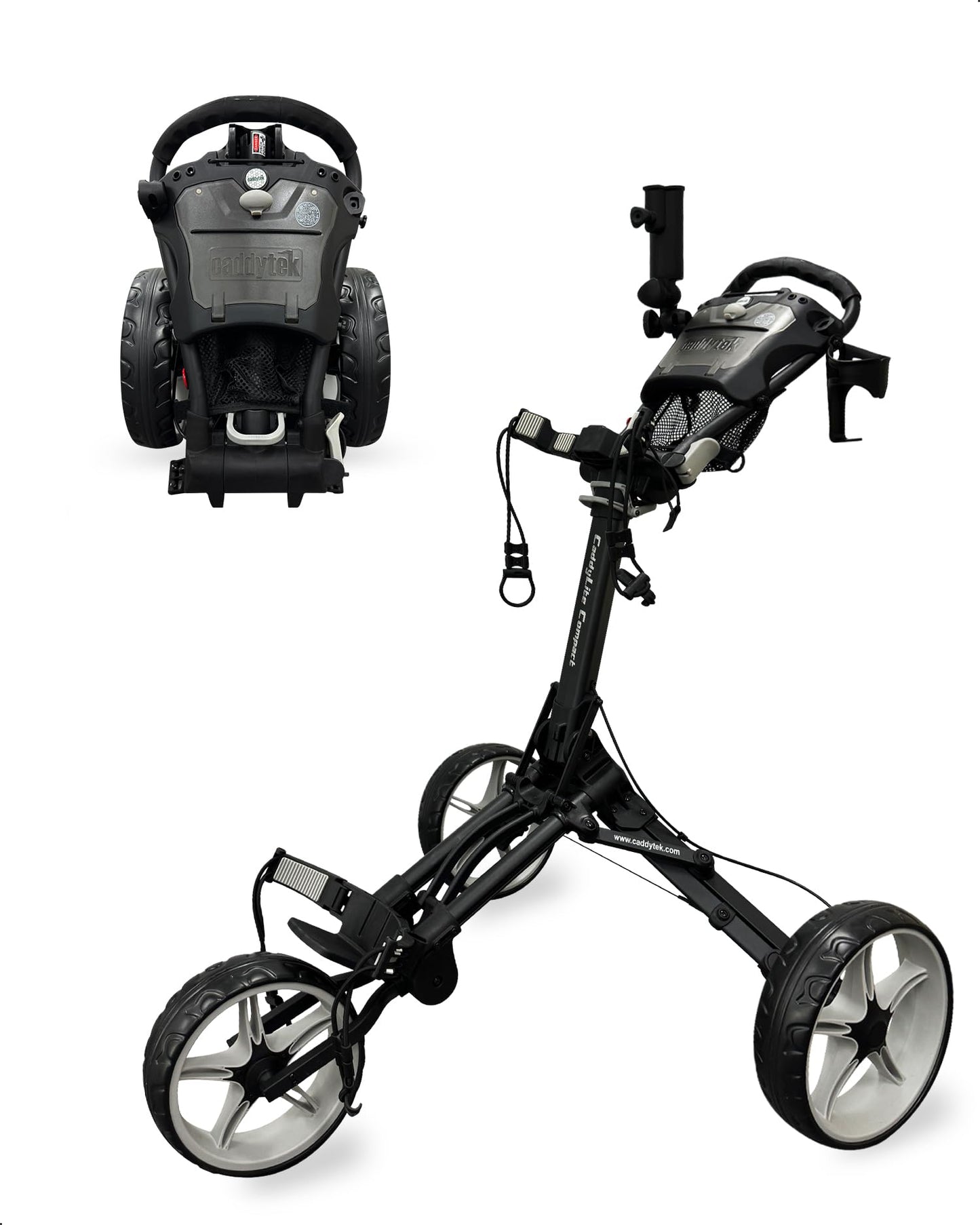 Caddytek CaddyLite Compact Golf Push Cart - Lightweight Aluminum 3-Wheel Foldable Golf Bag Cart with Quad-Fold System, EVA Wheels, Adjustable Handle, Brake, Mesh Net, Umbrella & Drink Holder