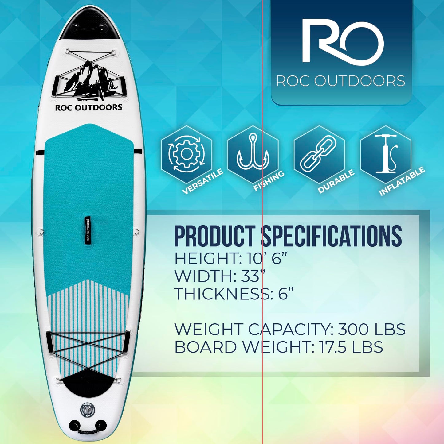 Roc Inflatable Stand Up Paddle Board with Premium SUP Paddle Board Accessories, Wide Stable Design, Non-Slip Comfort Deck for Youth & Adults (Teal)