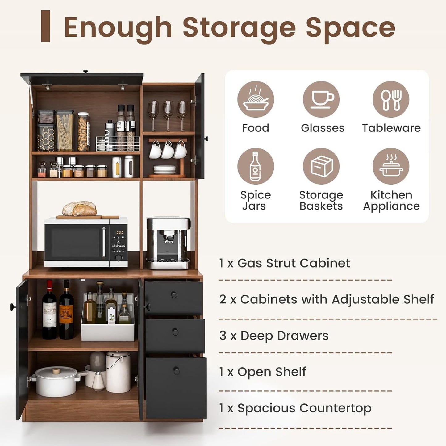 Nightcore Kitchen Pantry Storage Cabinet, 71" Freestanding Pantry with 3 Deep Drawers, Adjustable Shelves, Kitchen Hutch with Microwave Countertop for Dining Room, Living Room (Walnut & Black)