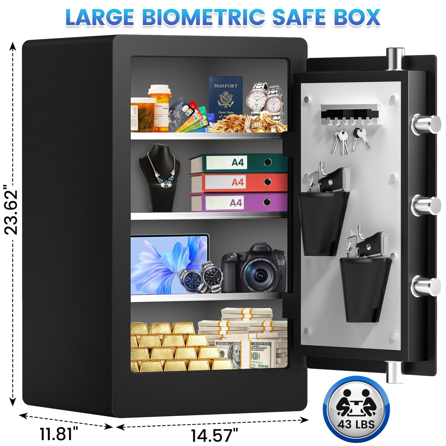 5.5 Cuft Biometric Fireproof Safe For Home, Heavy Duty Safe Box With Dual-alarm system and 3 Movable Shelves, Large Document Safes for Money Jewelry