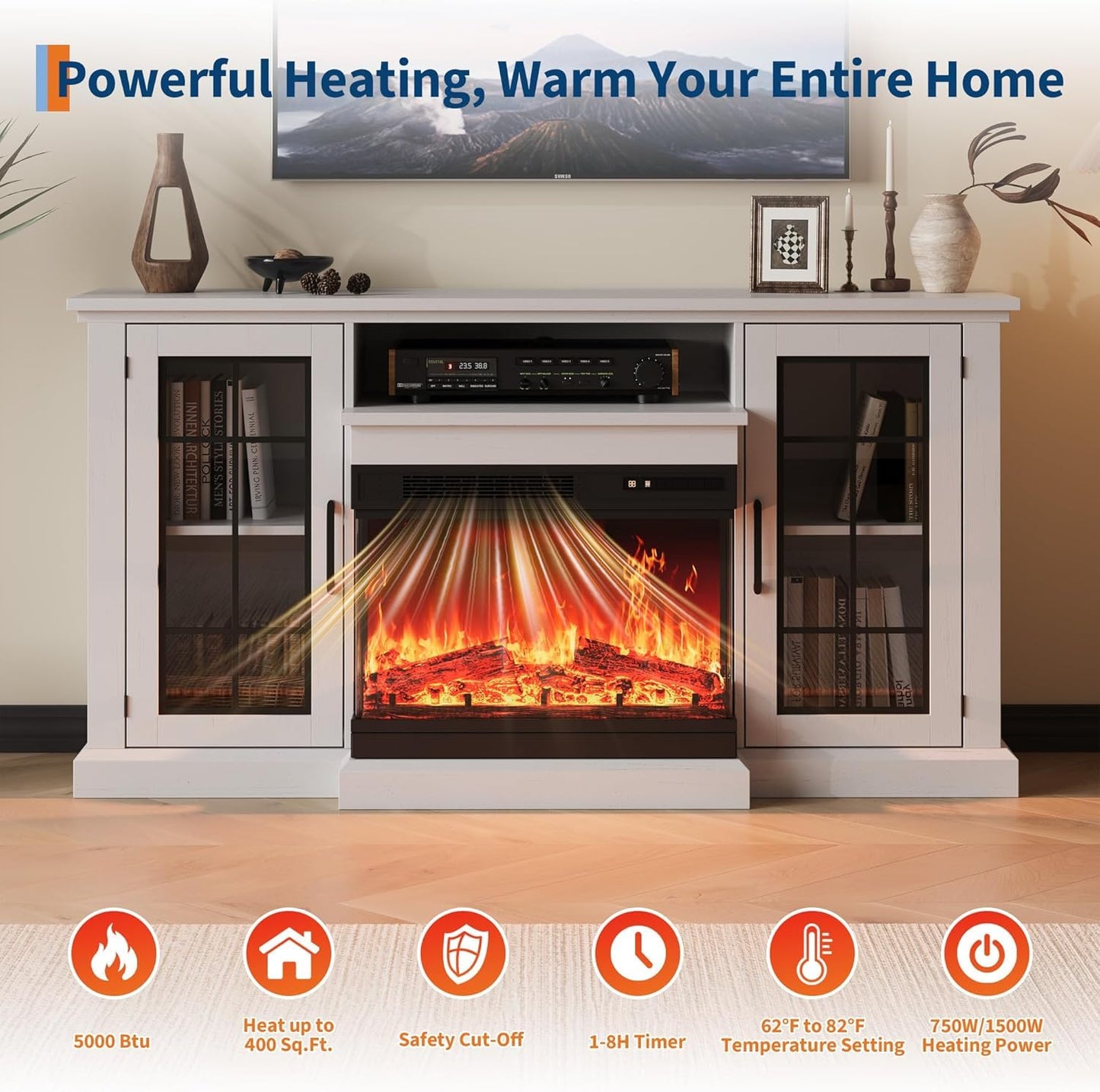 40" 3 Sided Glass Electric Fireplace & 75" TV Stand, 12 Colors LED Lights Flame, 750W/1500W, Tv Stand with Fireplace