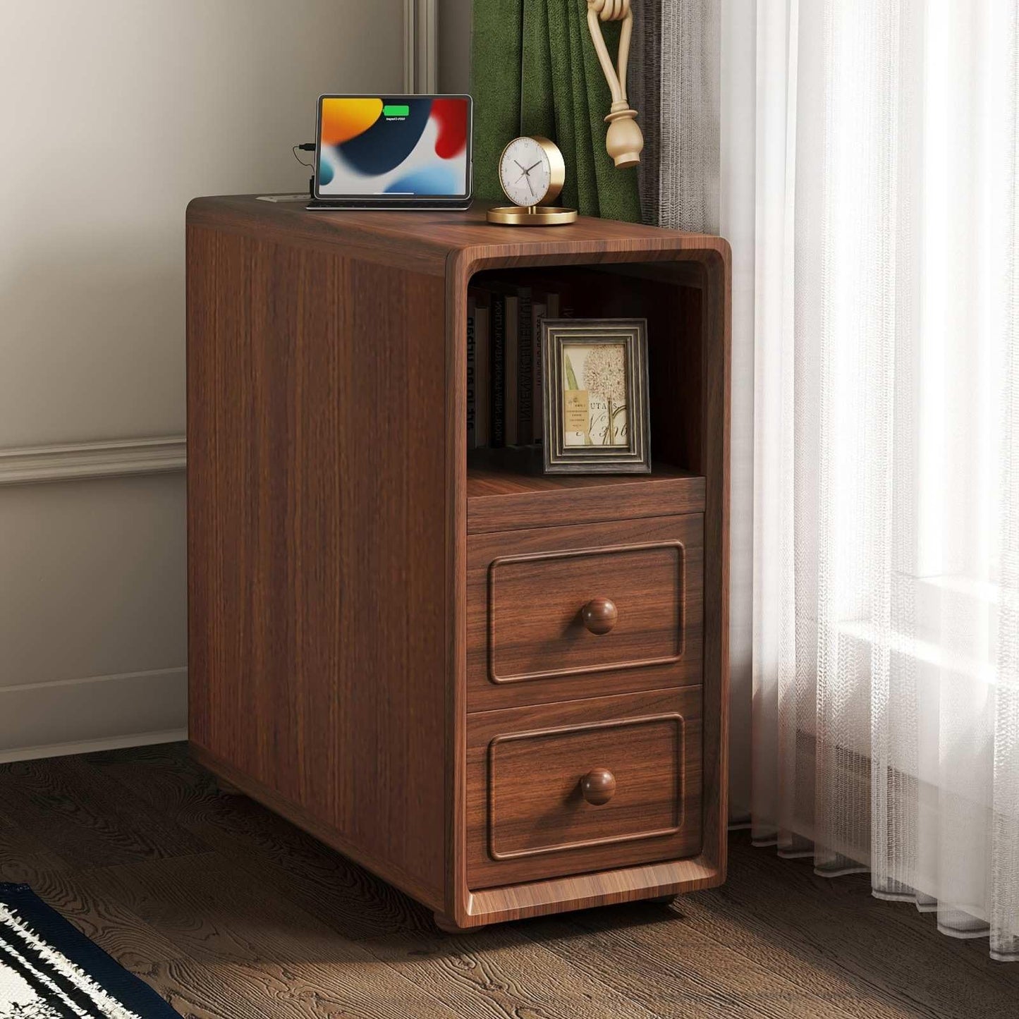 FRITHJILL Narrow End Table, Corner Bookshelf for Living Room, Nightstand with Charging Station and 3-Tier Display Shelf, 2 Drawers Storage Cabinet, Space Saving Side Table