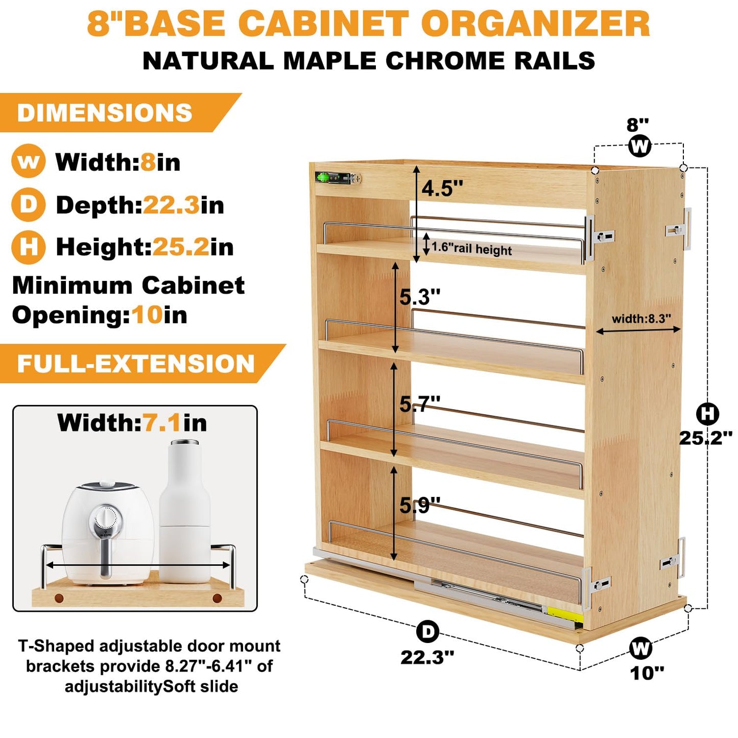 Gsskny Pull Out Spice Rack Organizer for Cabinet, 8" W x 22.3" D x 25.2" H Multi-Use Solid Wood Slide Out Shelf for Kitchen Cabinet, Sliding Spice Rack for Cans & Jars, Pantry Organization