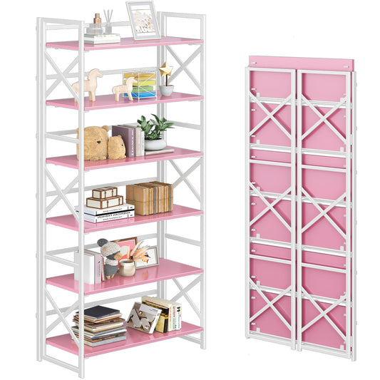 4NM 6 Tiers No Assembly Book Shelves, 61.8" H Folding Bookshelf Bookcase Open Industrial Foldable Shelves for Bedroom, Living Room, Home Office - Pink White