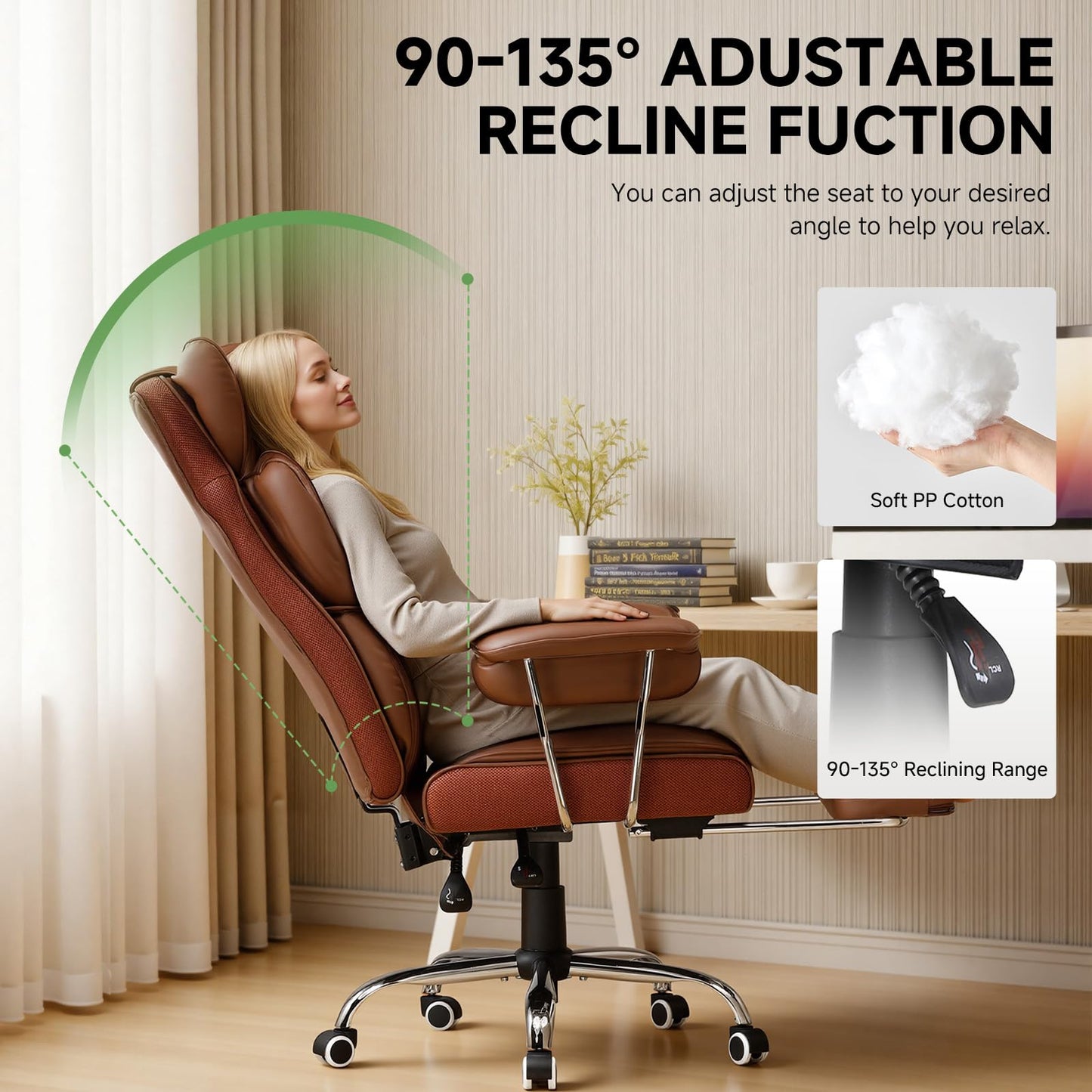 COMHOMA Big and Tall Office Chair, High Back Leather Gaming Chair with Footrest, Executive Ergonomic Office Chairs with Pocket Spring Lumbar Support and with Outward Fixed Soft Armrests