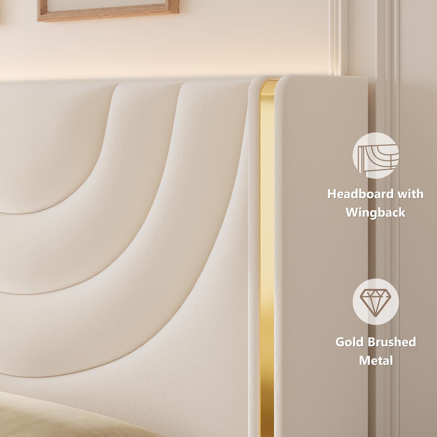 HITHOS Queen Upholstered LED Bed Frame with 2 Storage Drawers, Velvet Platform Bed with Wingback Headboard, Solid Wooden Slats Support, No Box Spring Needed, Headboard Splicing Design, Beige