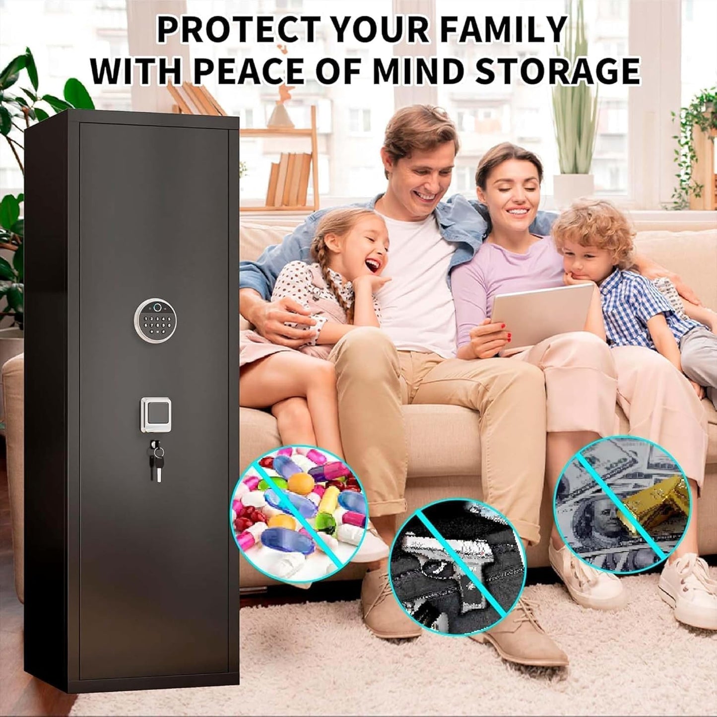 Bezuny Long Gun Safe,Rifle Safe with Biometric Gun Safe,Heat-Resistant Heavy Duty Gun Safes,Large Safe No Assembly Required, Security Safe for Home with Adjustable Shelves, Black