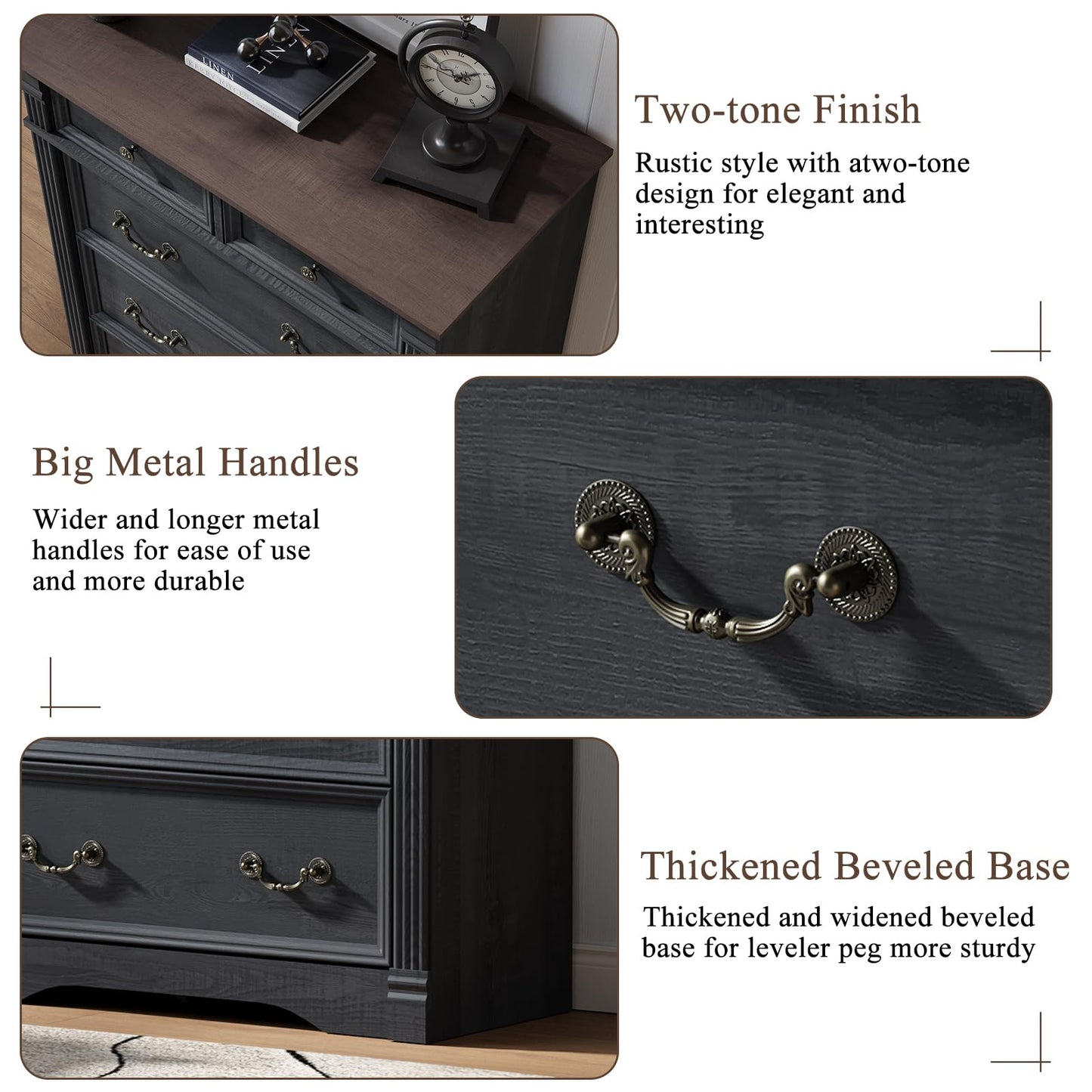 Black Dresser for Bedroom, 47" Tall Dresser for Bedroom, Wood Rustic Chest of Drawers with Chic Wood Pilasters, Farmhouse Dressers Organizer for Bedroom, Hallway