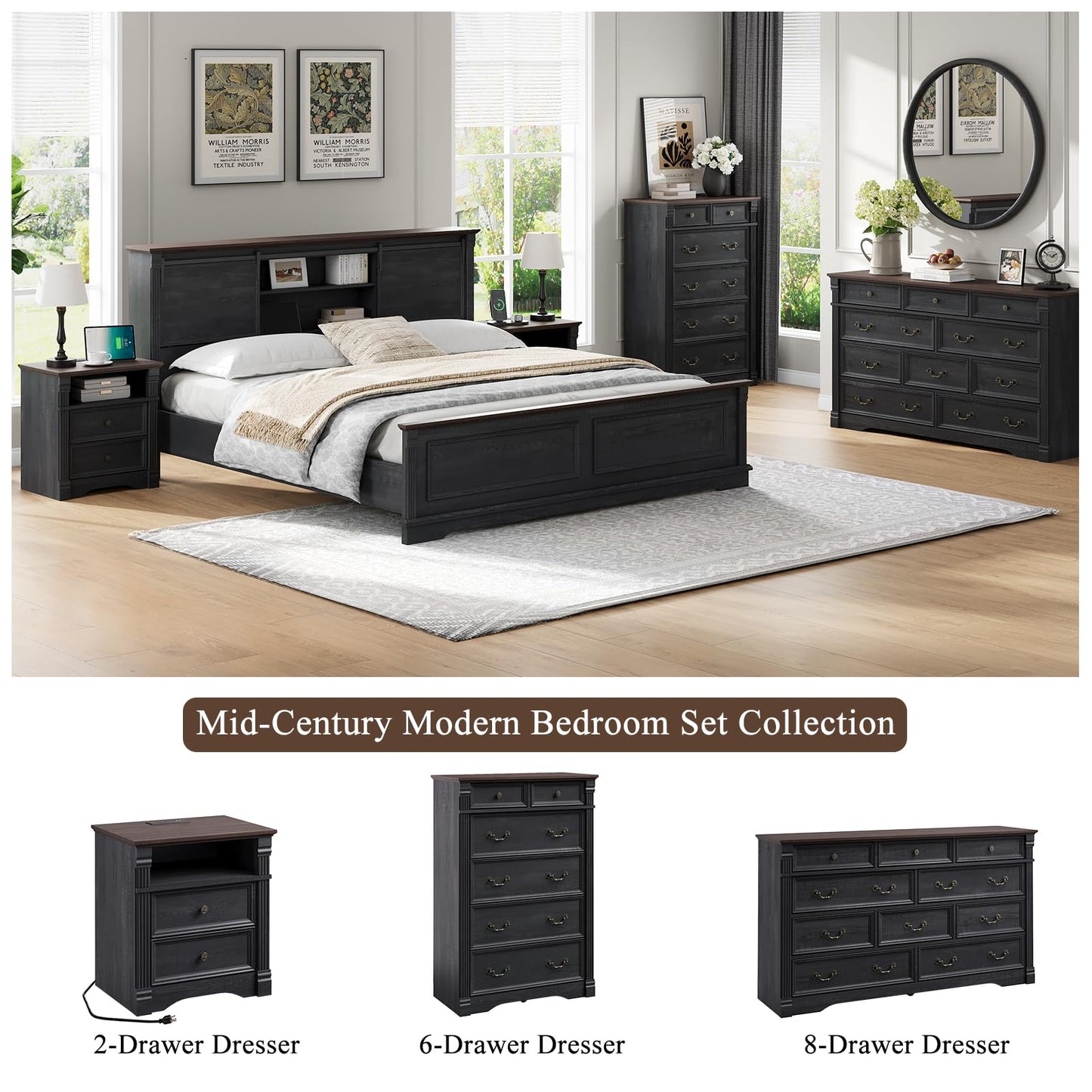 Black Dresser for Bedroom, 47" Tall Dresser for Bedroom, Wood Rustic Chest of Drawers with Chic Wood Pilasters, Farmhouse Dressers Organizer for Bedroom, Hallway