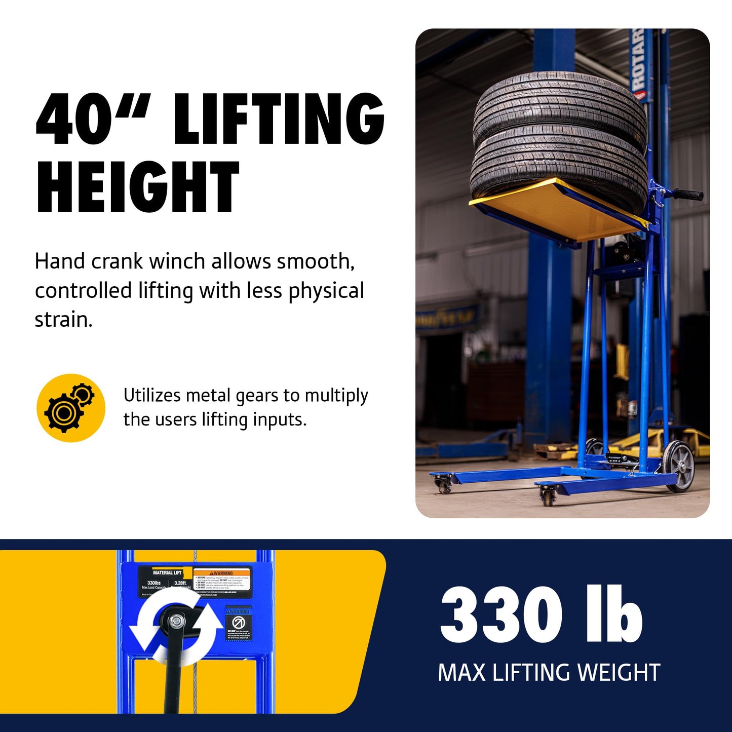Goodyear Material Lift Winch Stacker, Pallet Truck Dolly, 330 Lbs 40" Max Lift w/ 8" Wheels, Swivel Casters [Patented]