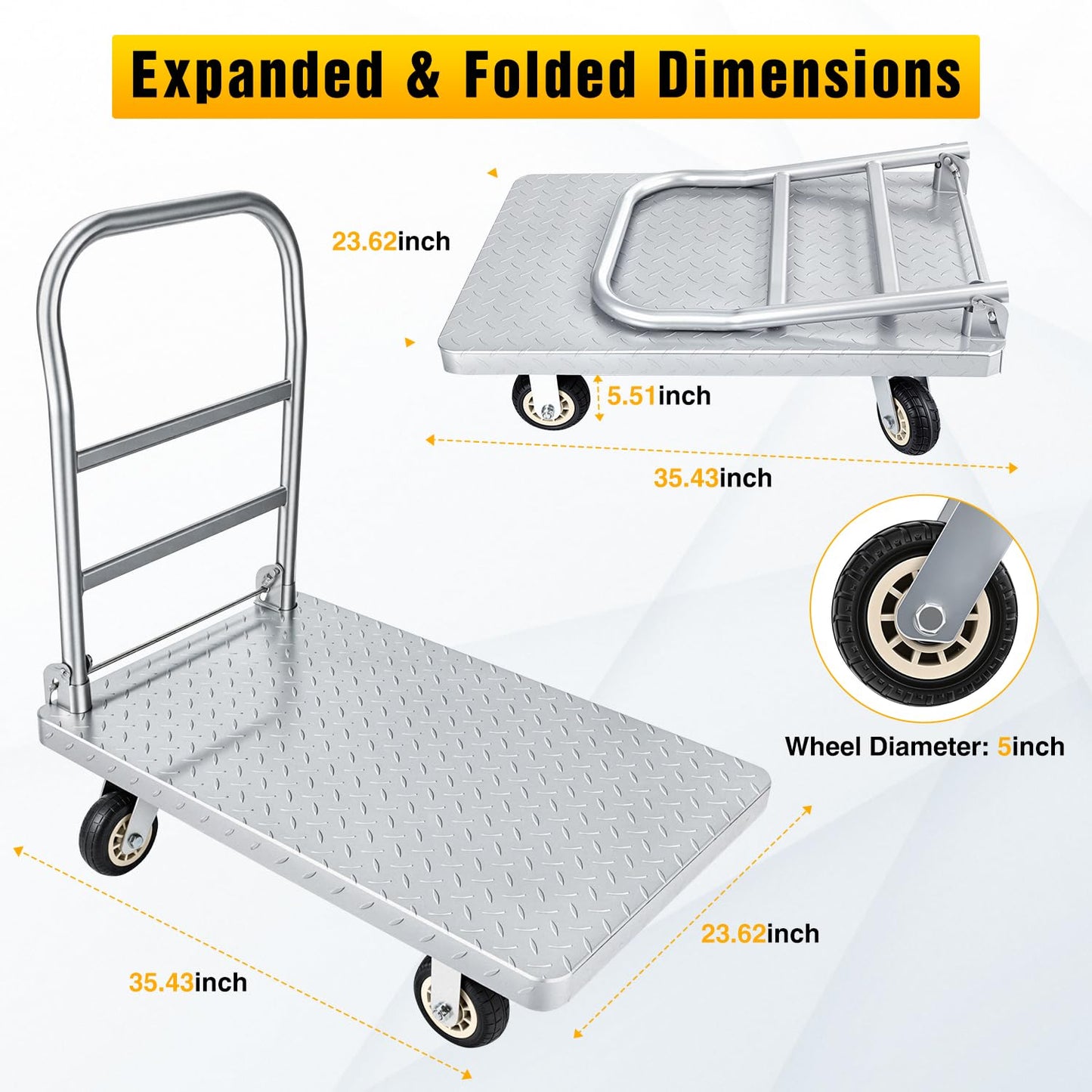 POTOLON Stainless Steel Platform Cart 1320 lbs Heavy Duty Flatbed Push Dolly with 5 Inch Rubber Wheels 36 x 24 Inch Platform Truck for Warehouse Industrial Use Black