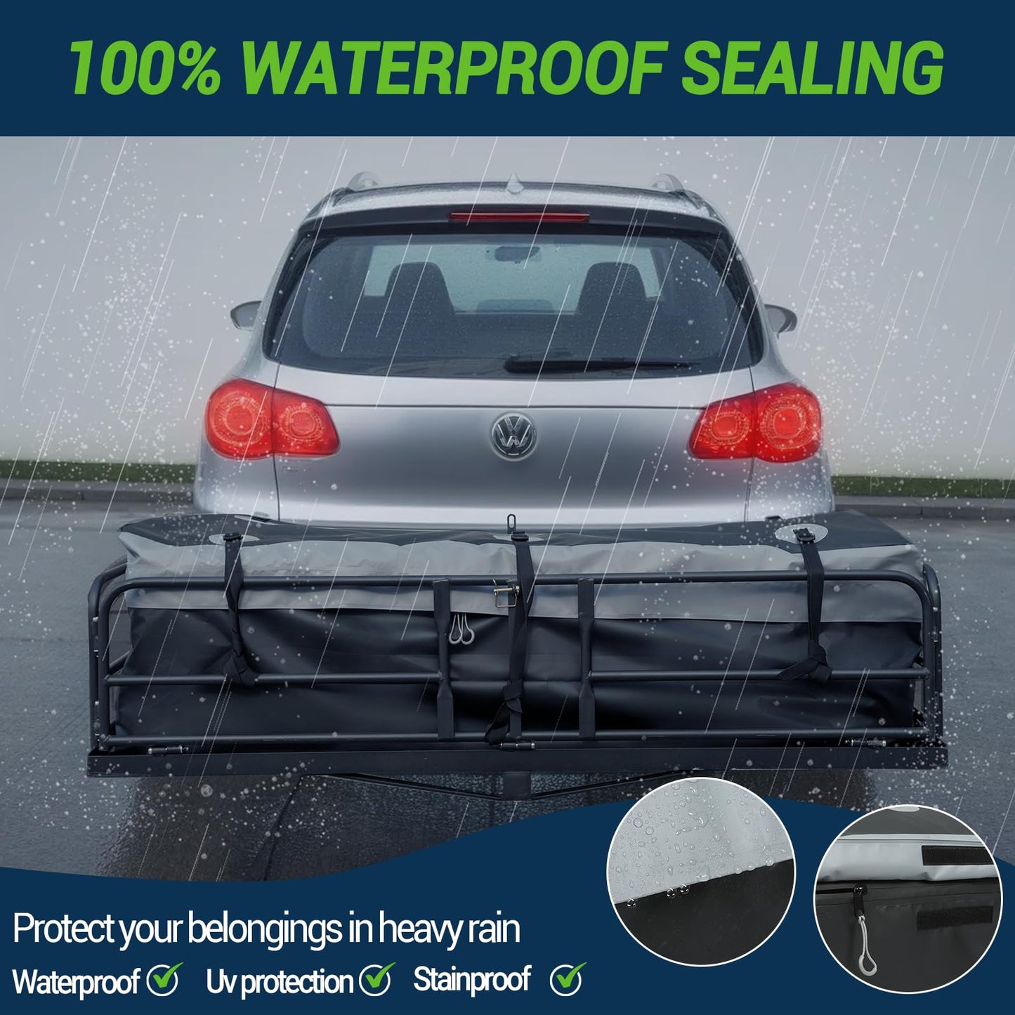Season Guard Hitch Cargo Carrier with High Side Rails, 60"x24"x14" Folding Basket Rack, Heavy Duty Luggage Platform Fits 2" Receiver for SUV, RV, Truck, Cargo Net, Strapes, Waterproof Bag Included