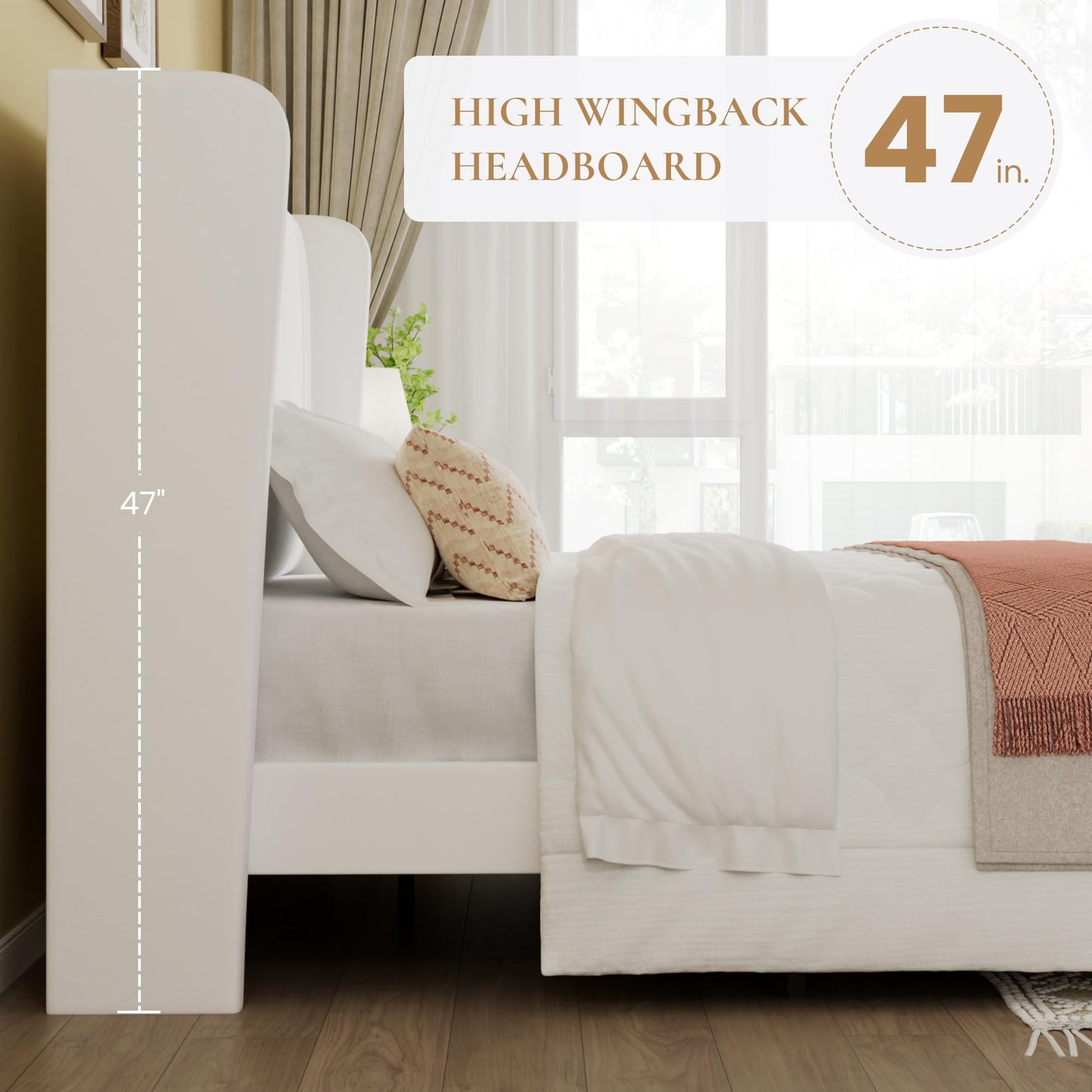 SHA CERLIN King Size Velvet Upholstered Platform Bed Frame with Vertical Channel Tufted Wingback Headboard, Wooden Slats Support, Easy Assembly, Under Bed Storage, No Box Spring Required, White