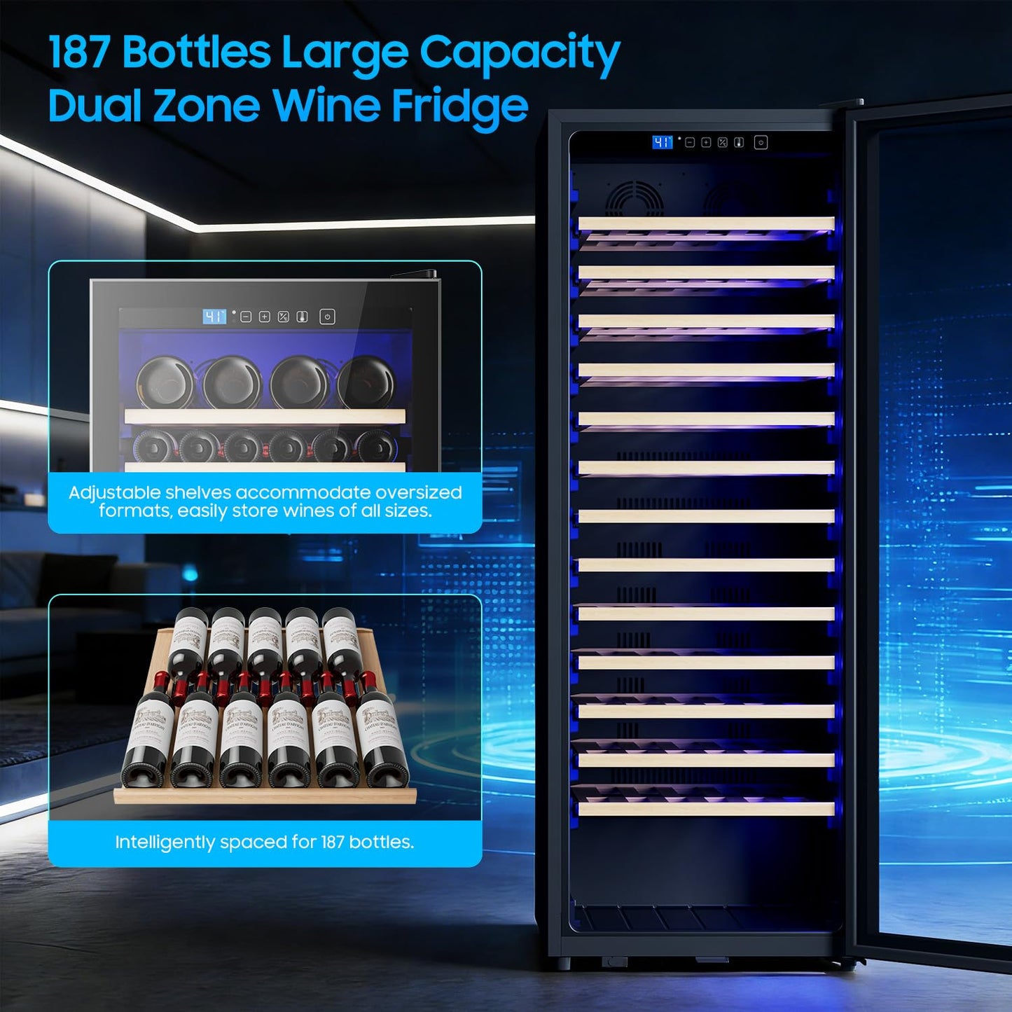 EORICE 24 Inch Wine Fridge Wine Cooler Refrigerator, 187 Bottles Freestanding Wine Cabinet with Sliding Rail Shelves, Glass Door & LED Lights, 41℉-64℉ Quiet Low Noise for Home Office Kitchen