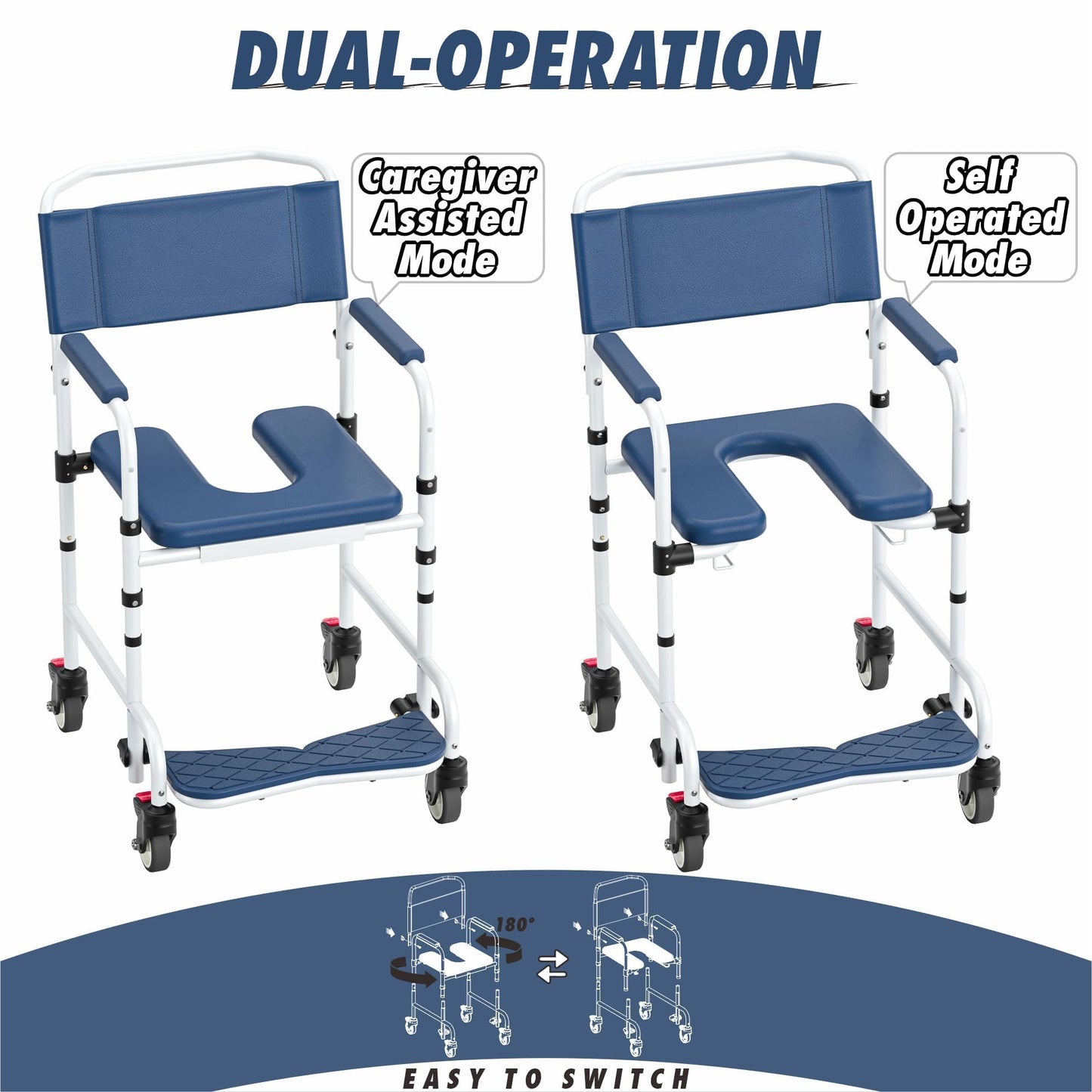 Shower Chair with Wheels, Two Modes Commode Chair for Elderly and Disabled