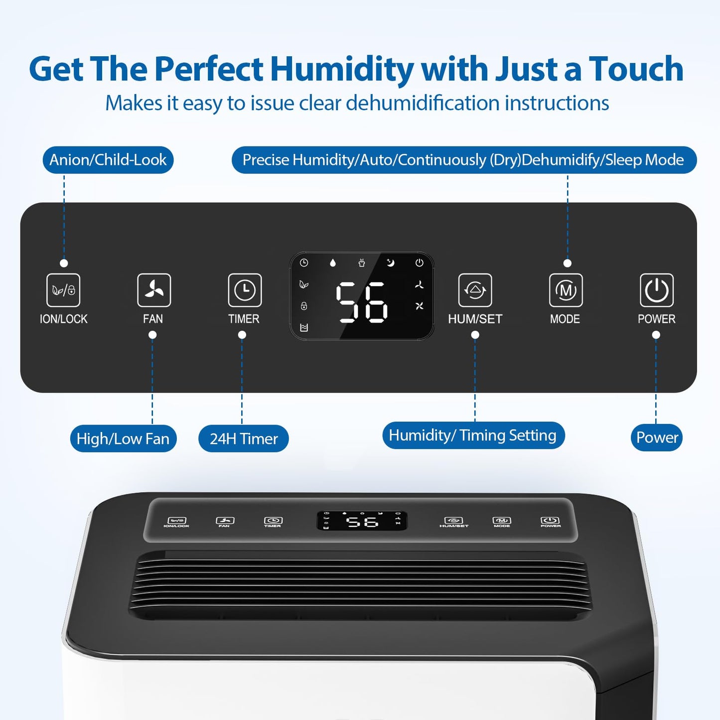 FreAire 54Pint 4500Sq.Ft Dehumidifier for Basement with Drain Hose, 30dB Quiet Compressor Dehumidifiers for Home, Front LED Digital Humidity Display for Bedroom, Bathroom, 1.13 Gallon Water Tank