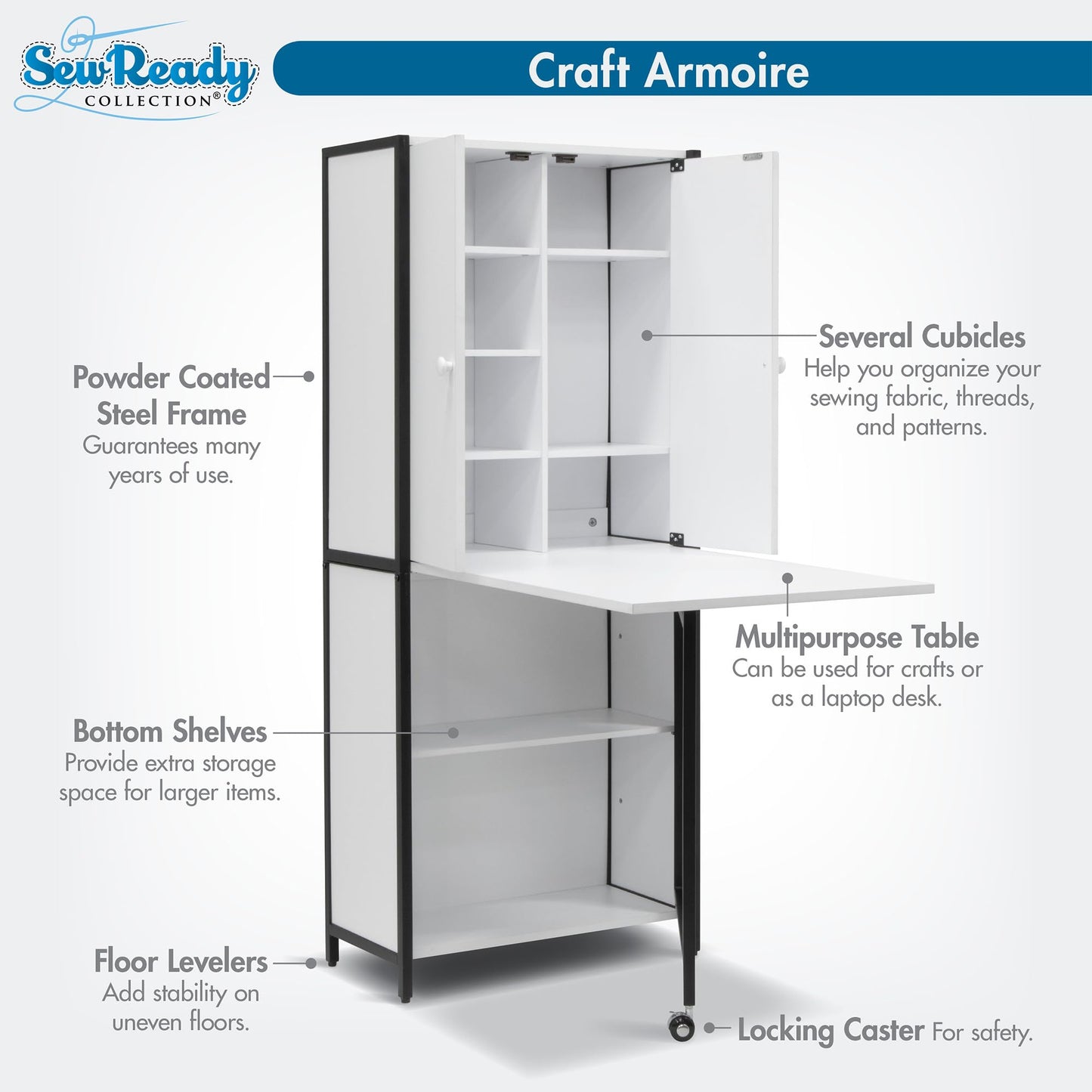 Sew Ready Folding Craft Armoire Cabinet, 59" Tall Multipurpose Workstation with Drop-Leaf Table and Powder-Coated Steel Frame, Charcoal/White